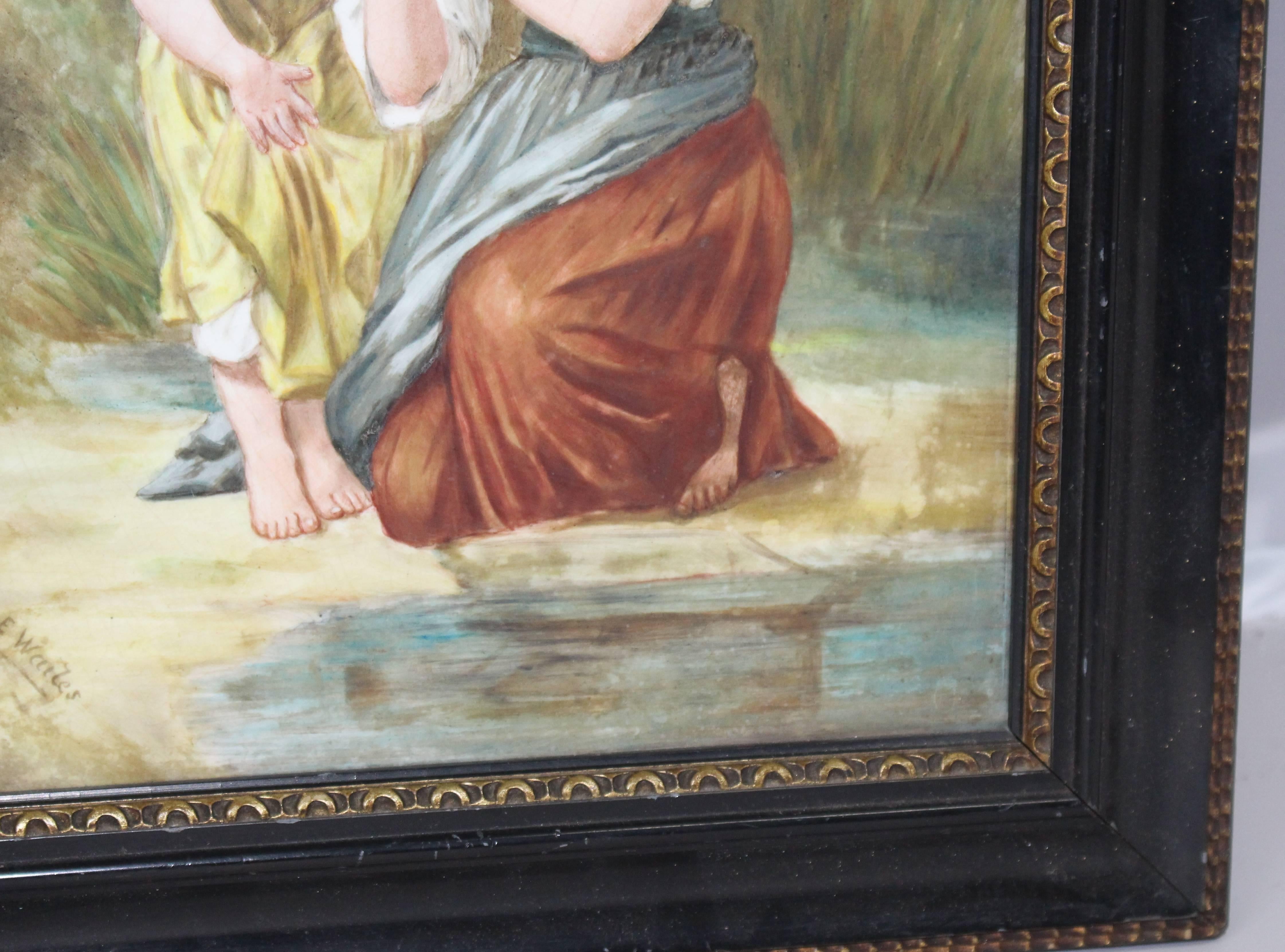 19th Century Victorian Painting on Porcelain Set in Ebonized Gilt Frame For Sale
