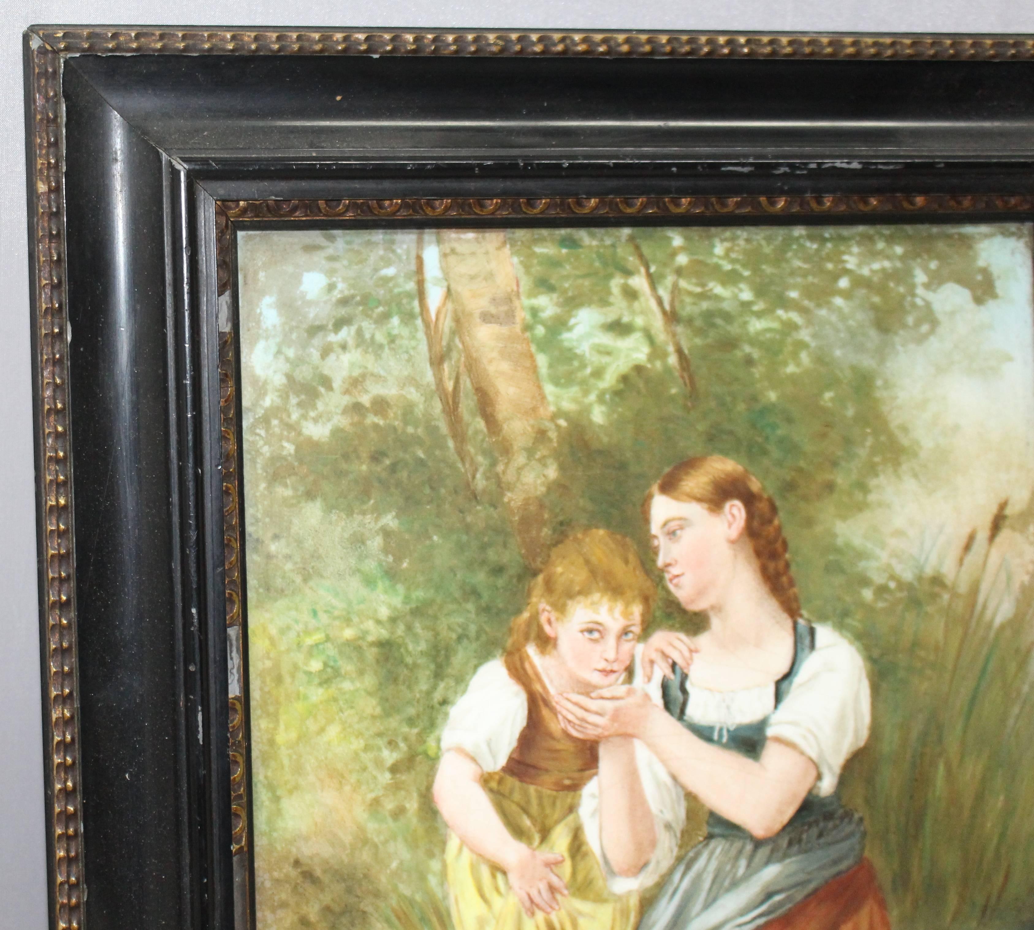 Victorian Painting on Porcelain Set in Ebonized Gilt Frame For Sale 2