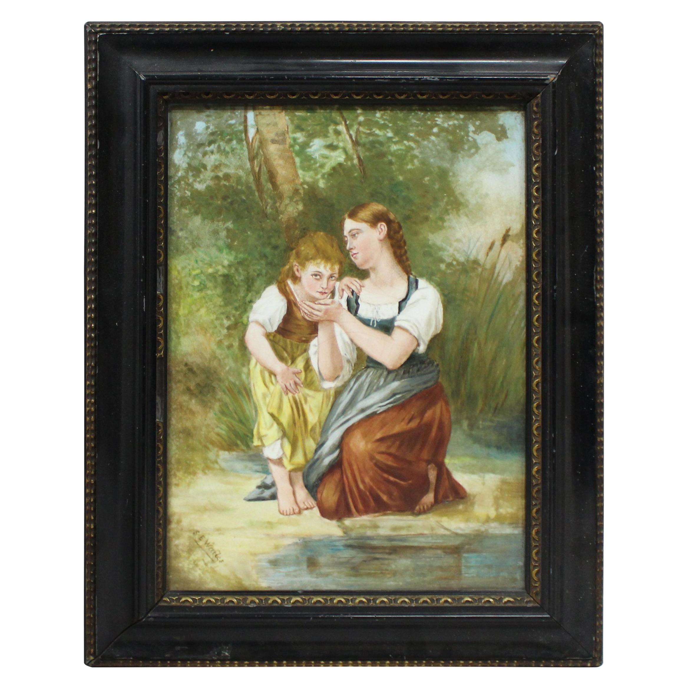 Victorian Painting on Porcelain Set in Ebonized Gilt Frame For Sale
