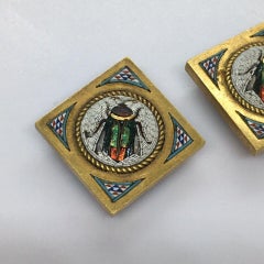 Victorian Pair Micro Mosaic 18k Gold Button 9.9 Gram 18 mm Square 13 mm Disk