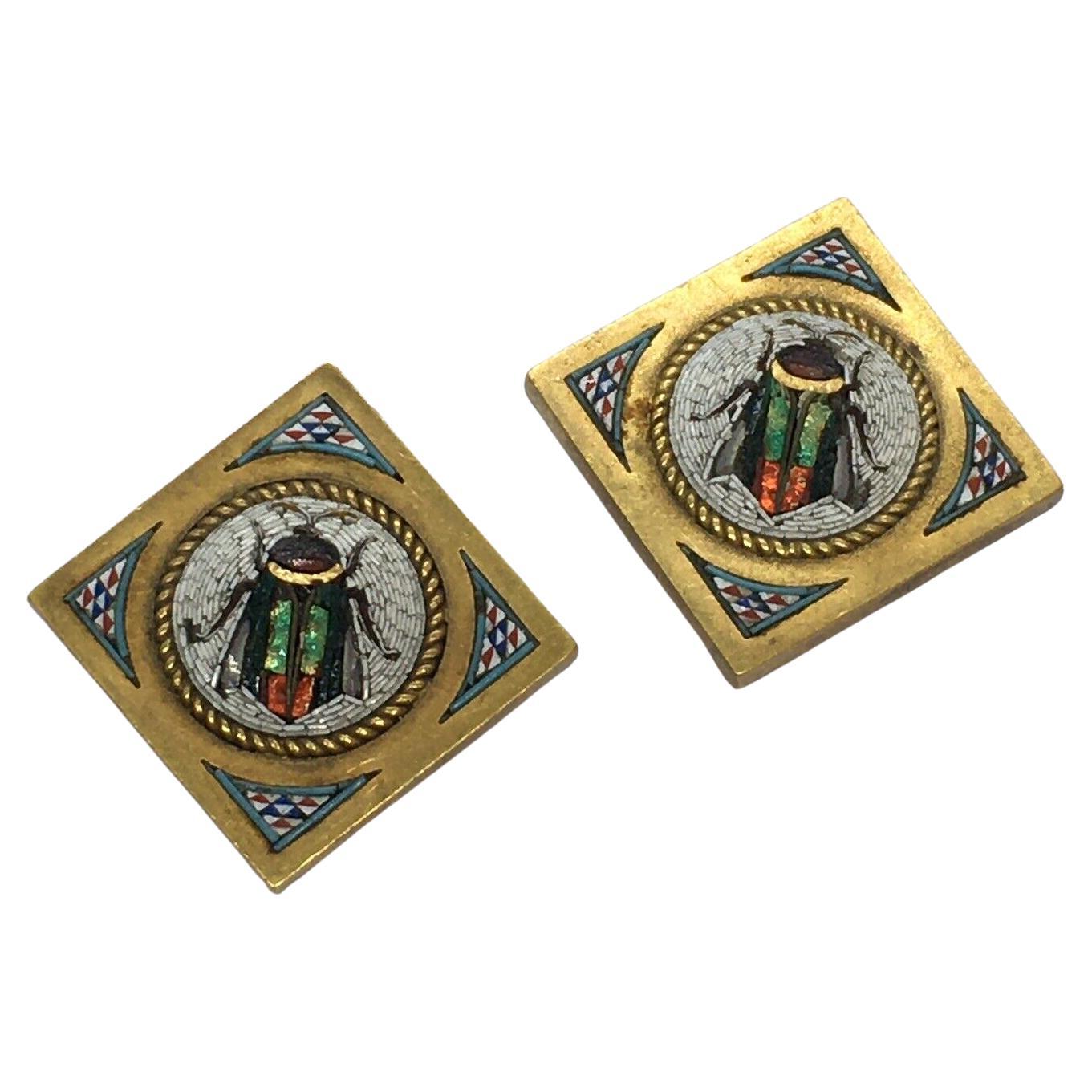 Victorian Pair Micro Mosaic 18k Gold Button 9.9 Gram 18 mm Square 13 mm Disk For Sale