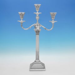 Victorian pair of corinthian column 3 light candelabra made in 1894