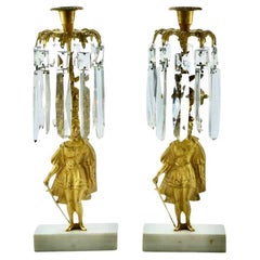 Victorian Pair of Gold Gilt Girandole Candlesticks with Marble Bases and Lustres