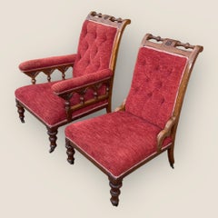 Antique Victorian Pair Of Ladies And Gentlemen’s Red Gothic Revival Oak Chairs