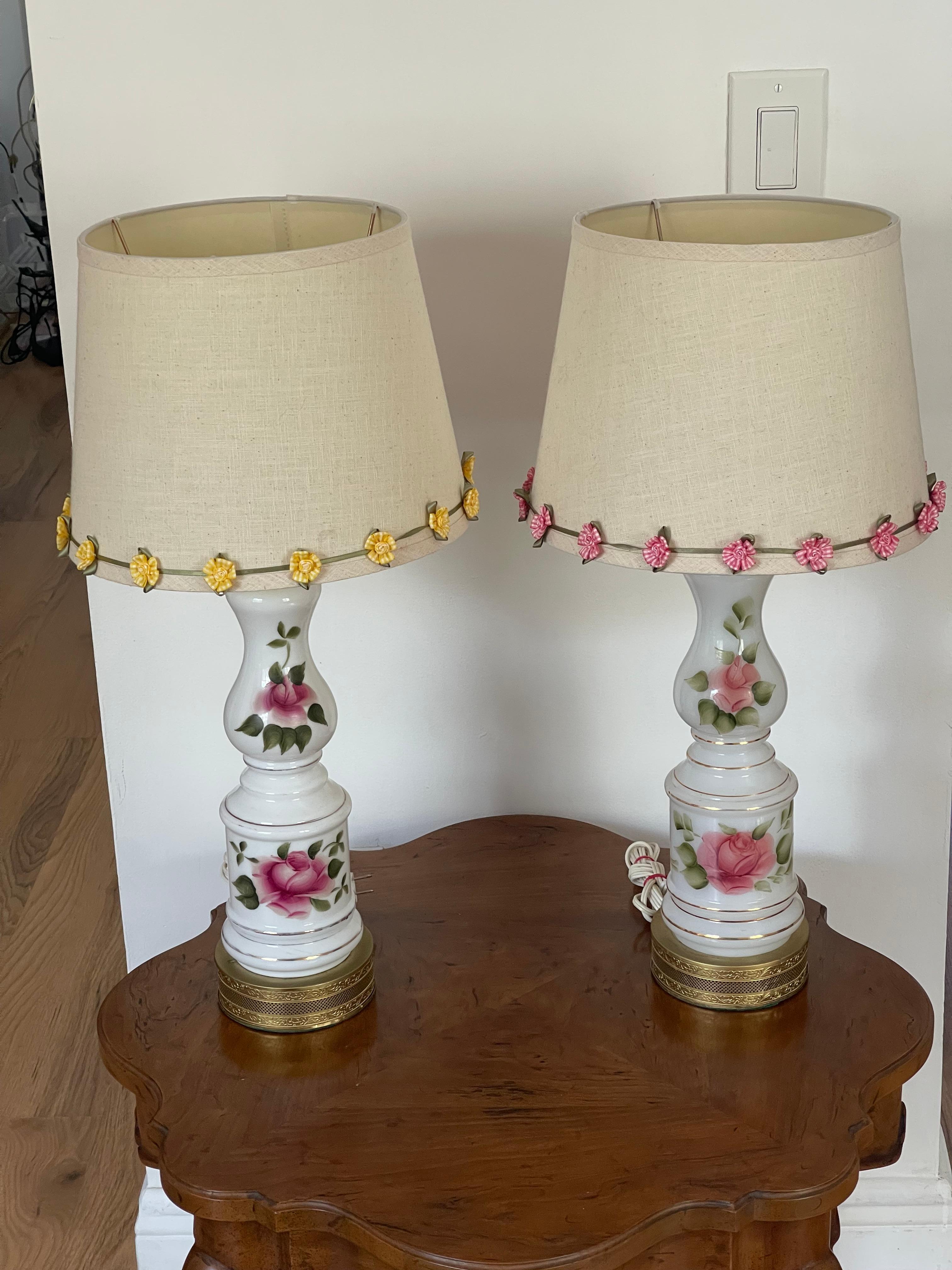 Victorian Pair of Milk Glass Lamps with Roses For Sale 6