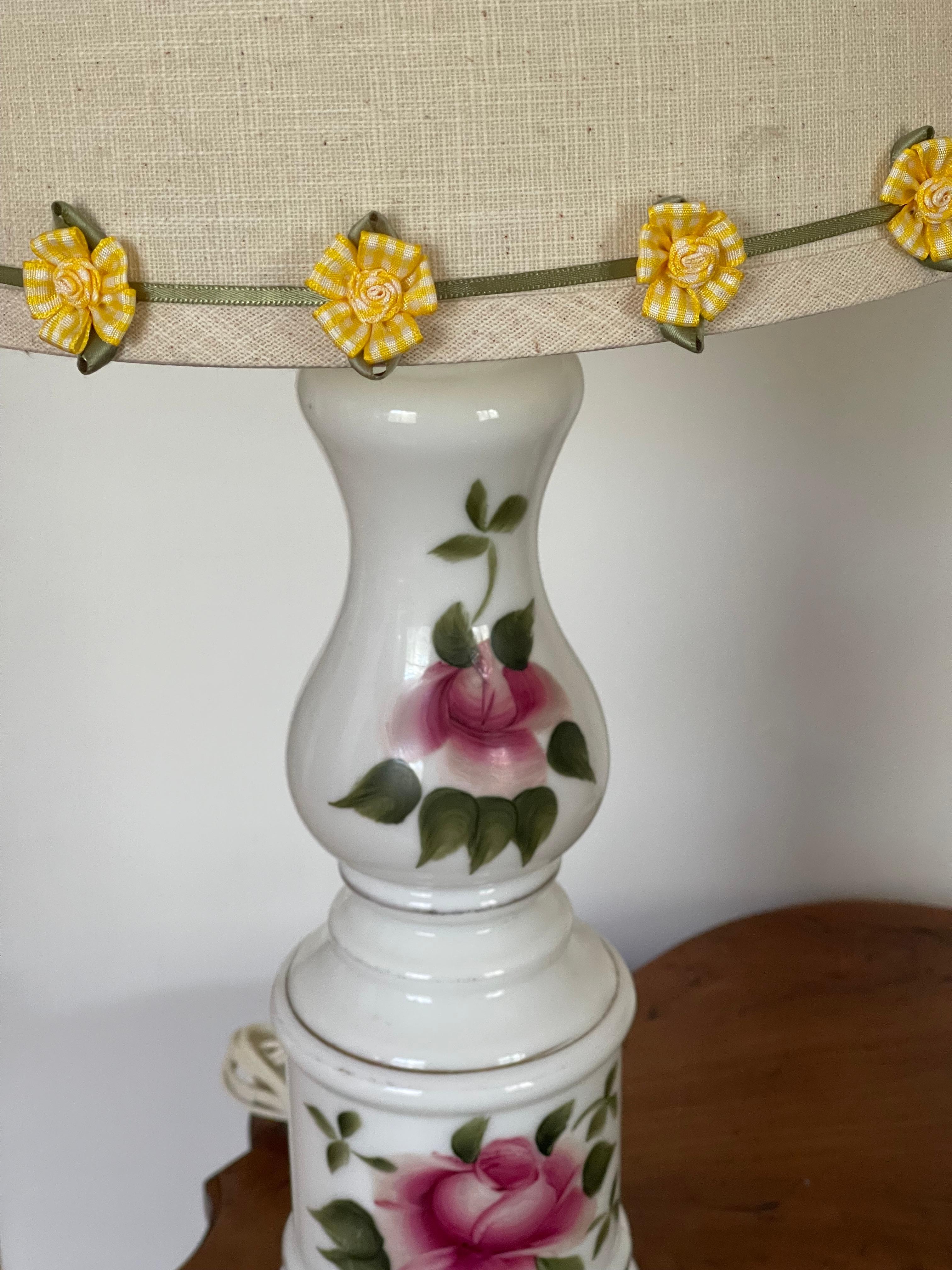 Victorian Pair of Milk Glass Lamps with Roses For Sale 7