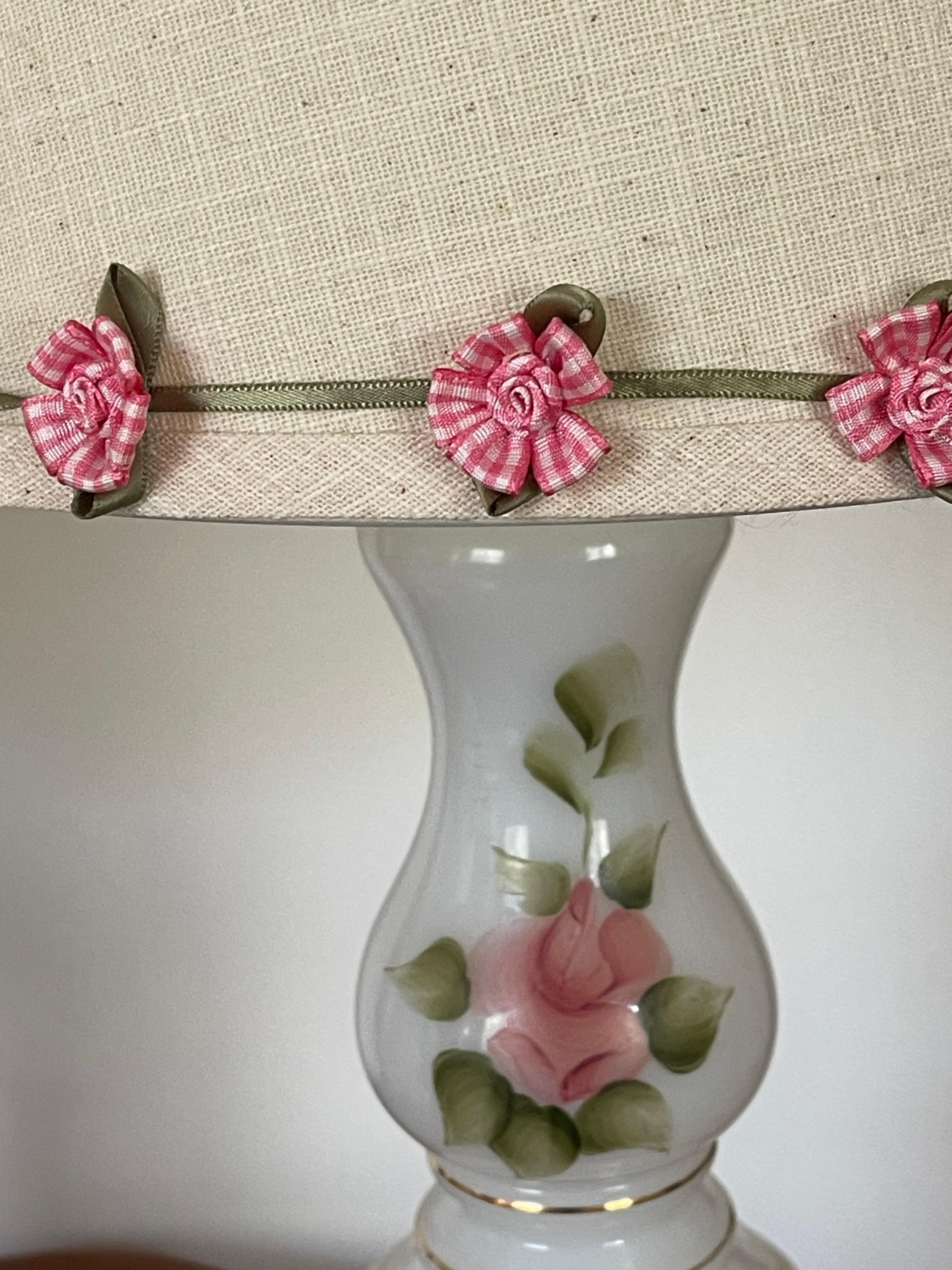 Victorian Pair of Milk Glass Lamps with Roses For Sale 8