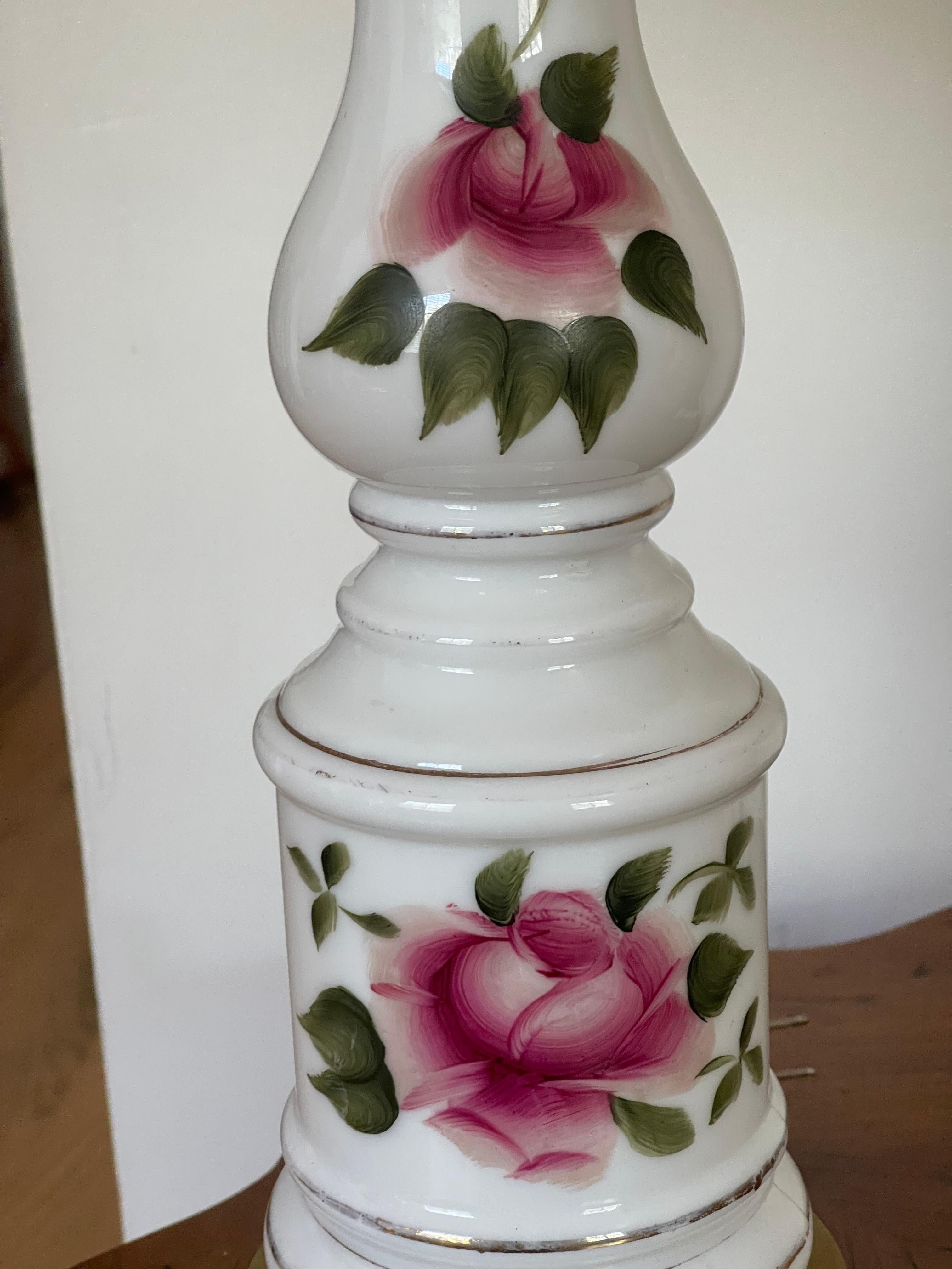 Victorian Pair of Milk Glass Lamps with Roses For Sale 9