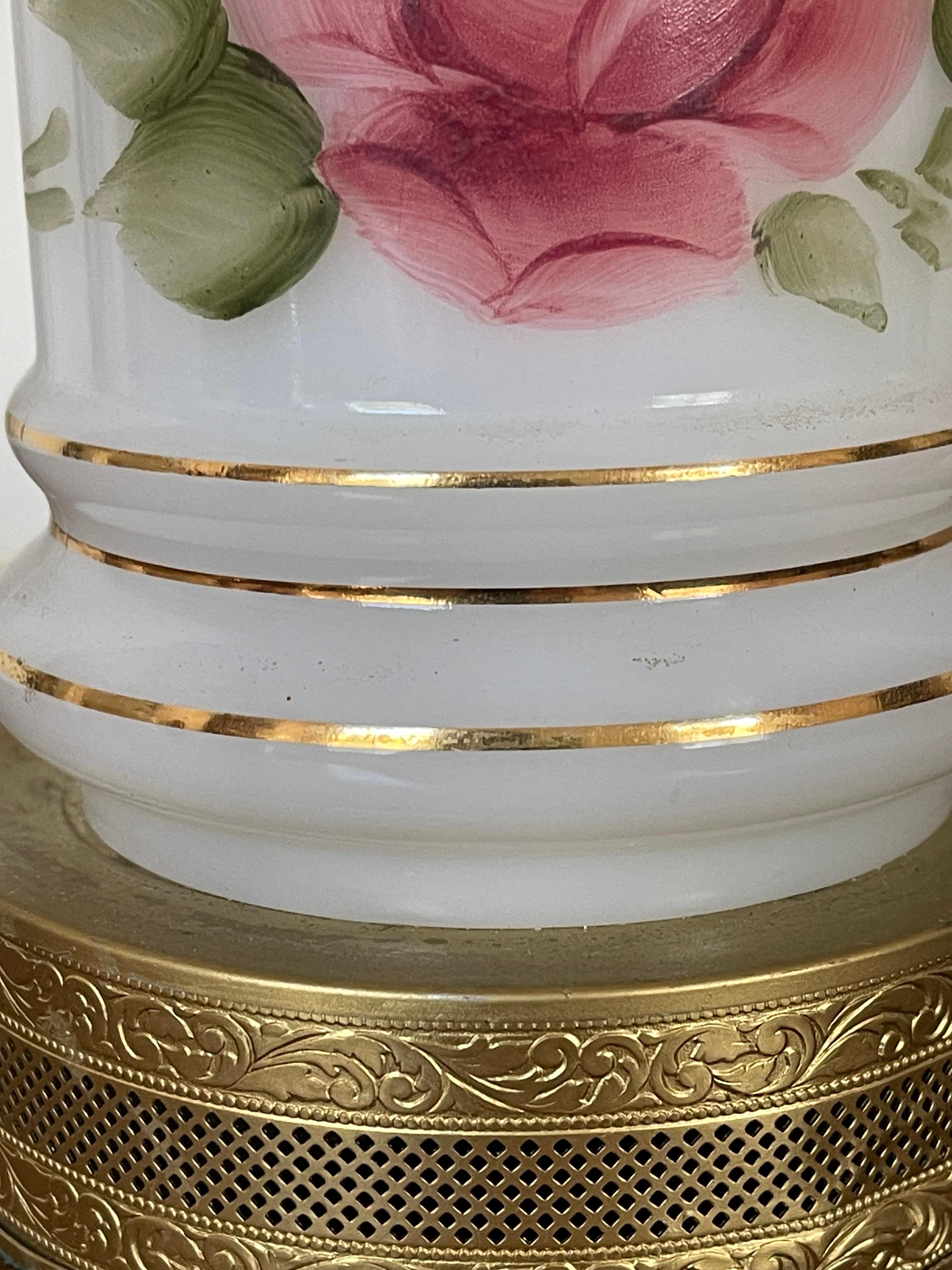 Victorian Pair of Milk Glass Lamps with Roses For Sale 10