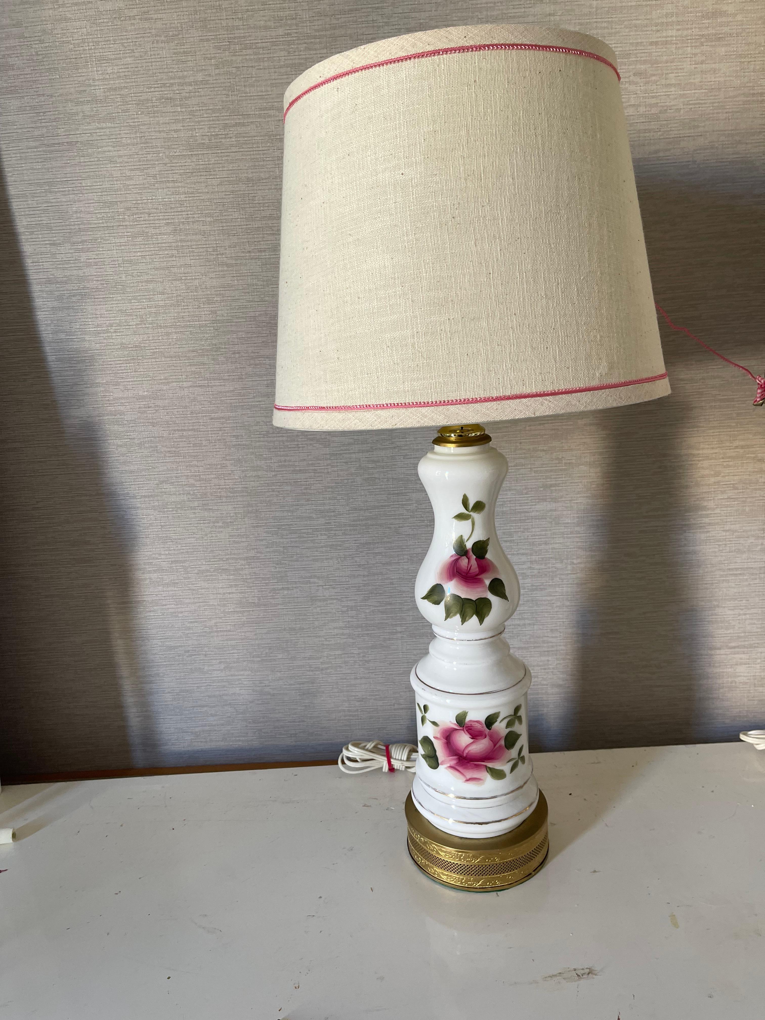 Victorian Pair of Milk Glass Lamps with Roses For Sale 12