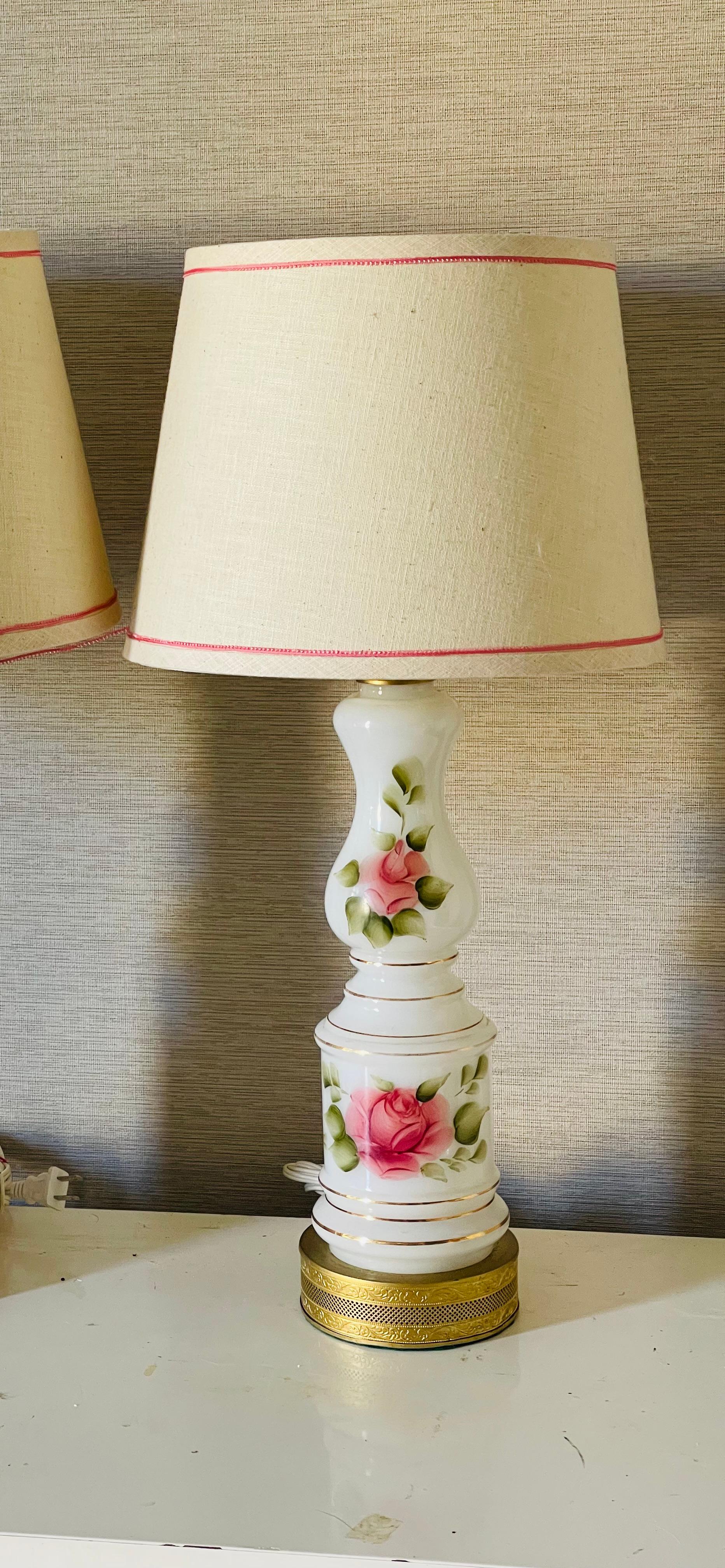Victorian Pair of Milk Glass Lamps with Roses For Sale 15