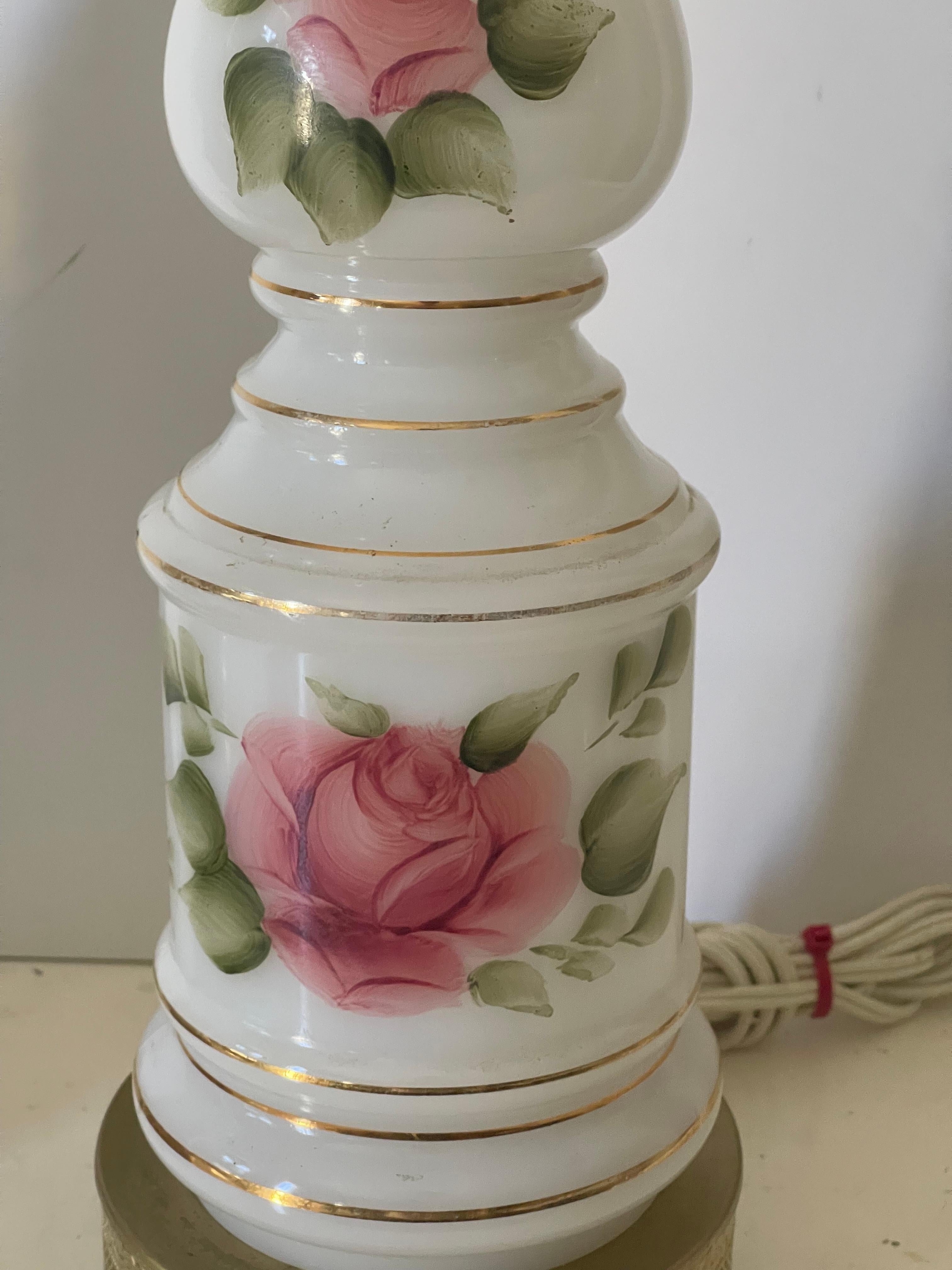 American Victorian Pair of Milk Glass Lamps with Roses For Sale
