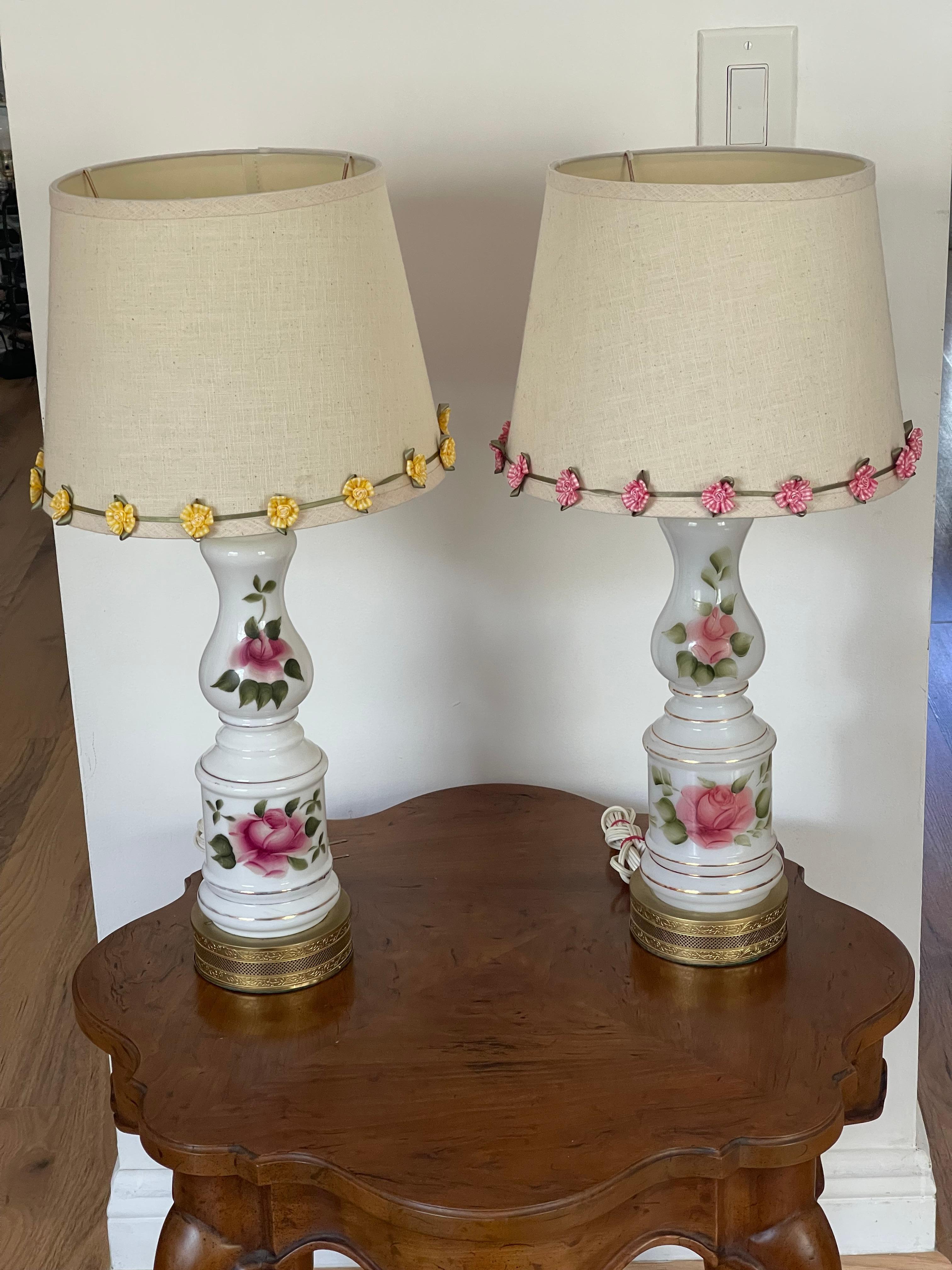 Early 20th Century Victorian Pair of Milk Glass Lamps with Roses For Sale