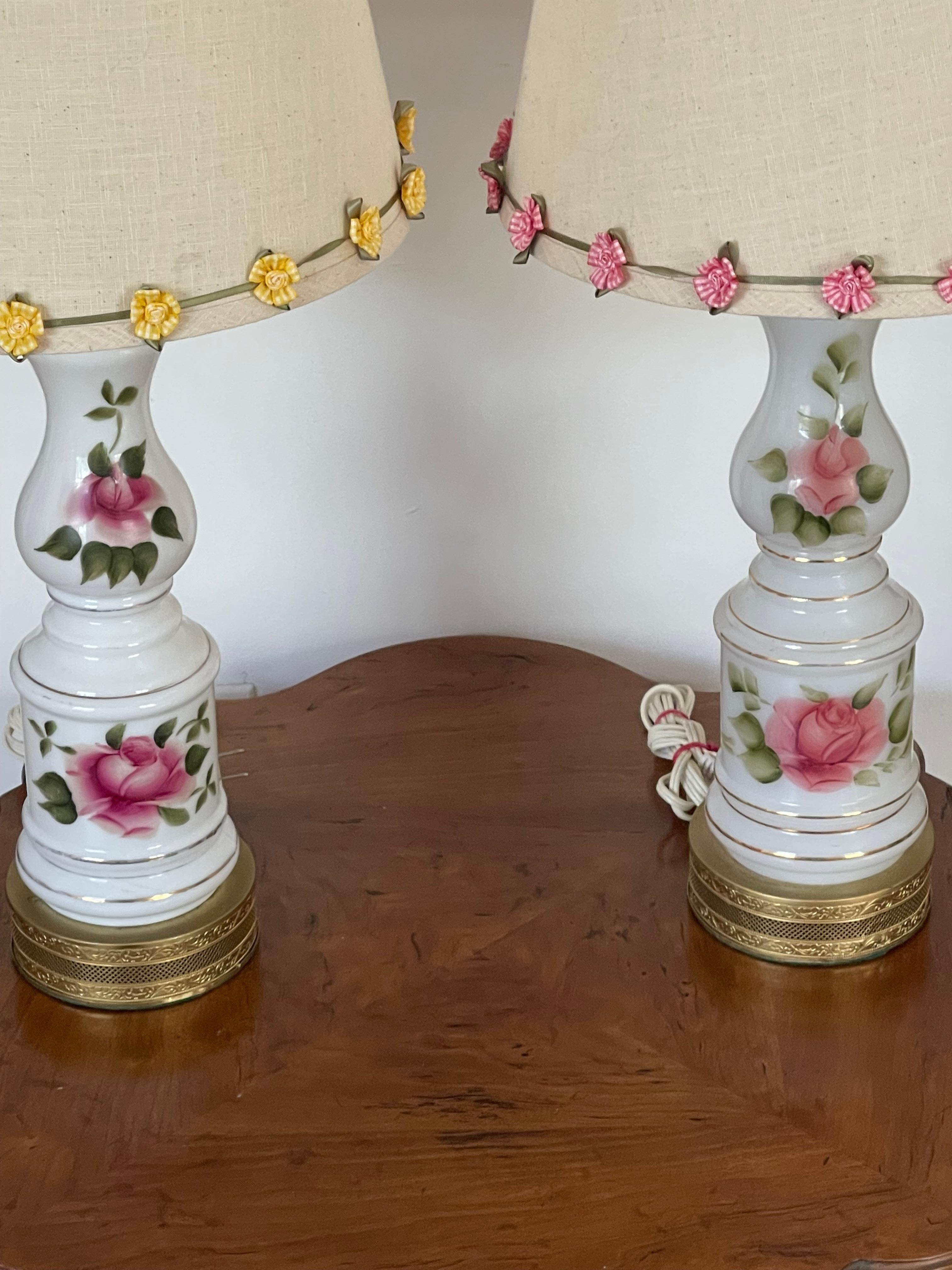 Victorian Pair of Milk Glass Lamps with Roses For Sale 1