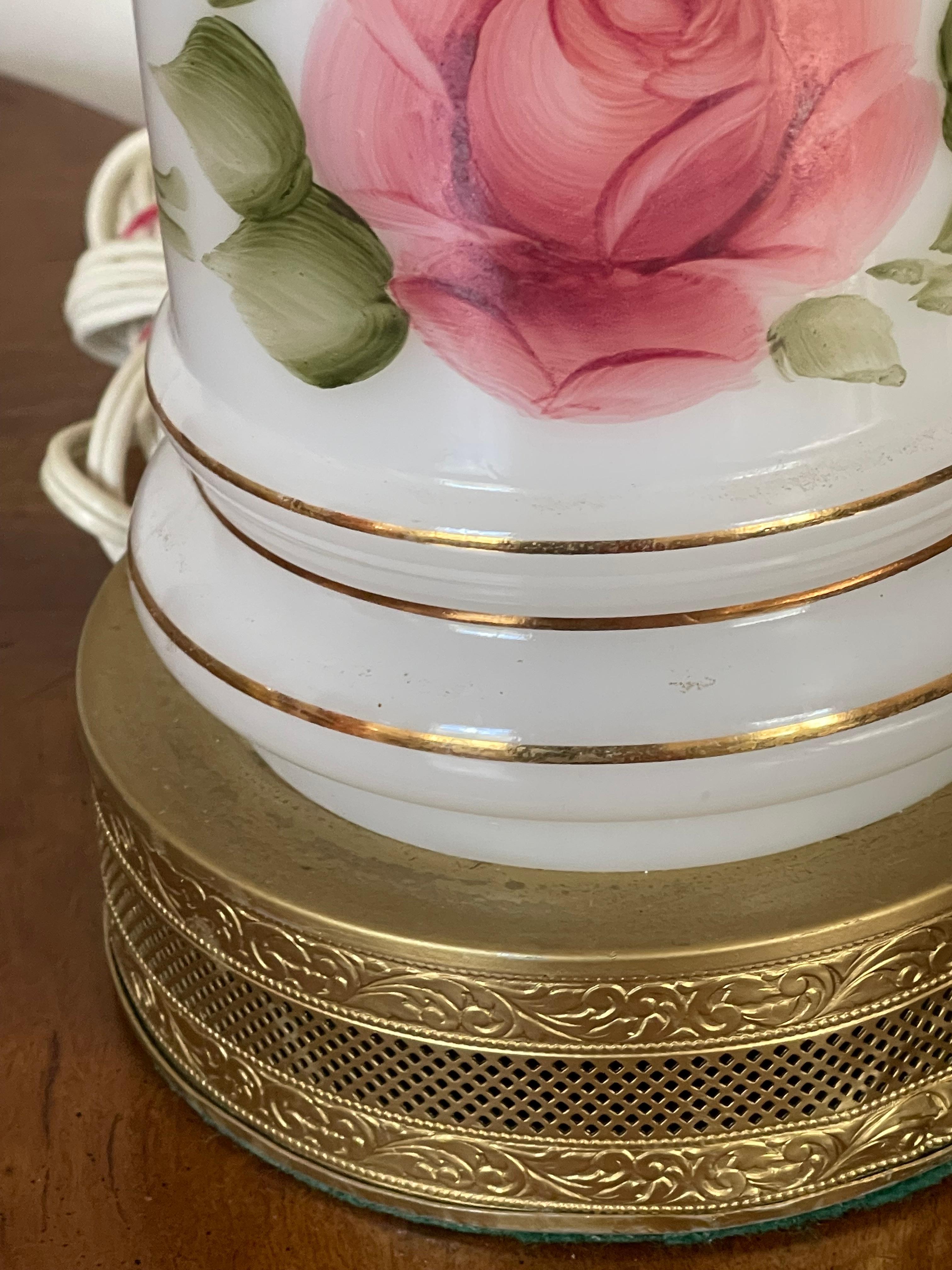 Victorian Pair of Milk Glass Lamps with Roses For Sale 2