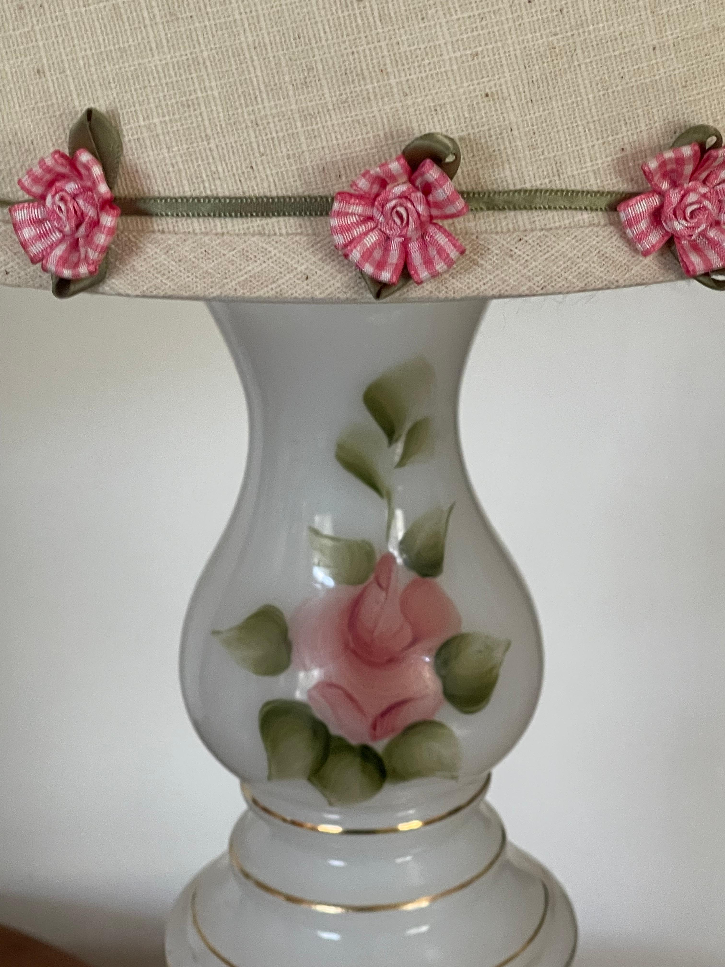 Victorian Pair of Milk Glass Lamps with Roses For Sale 3