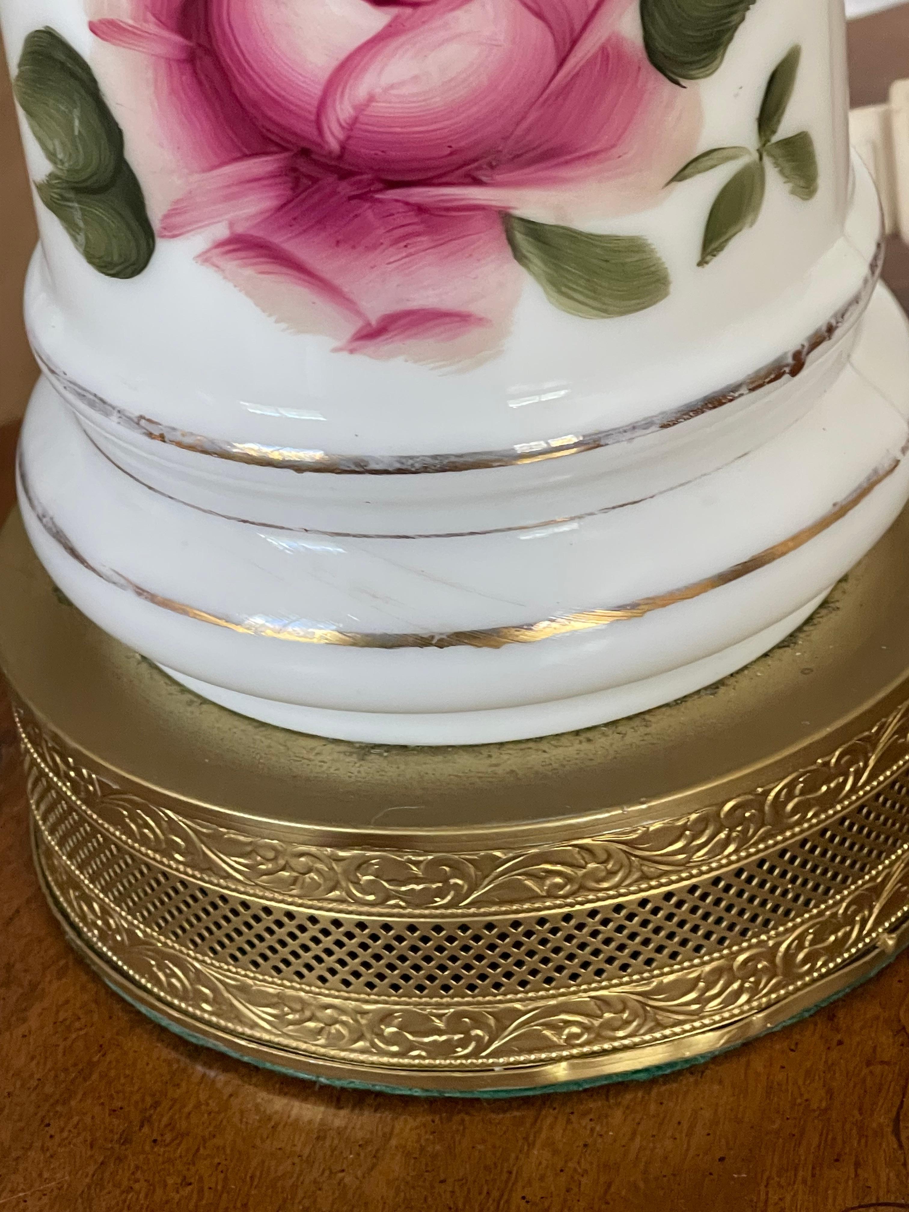 Victorian Pair of Milk Glass Lamps with Roses For Sale 4