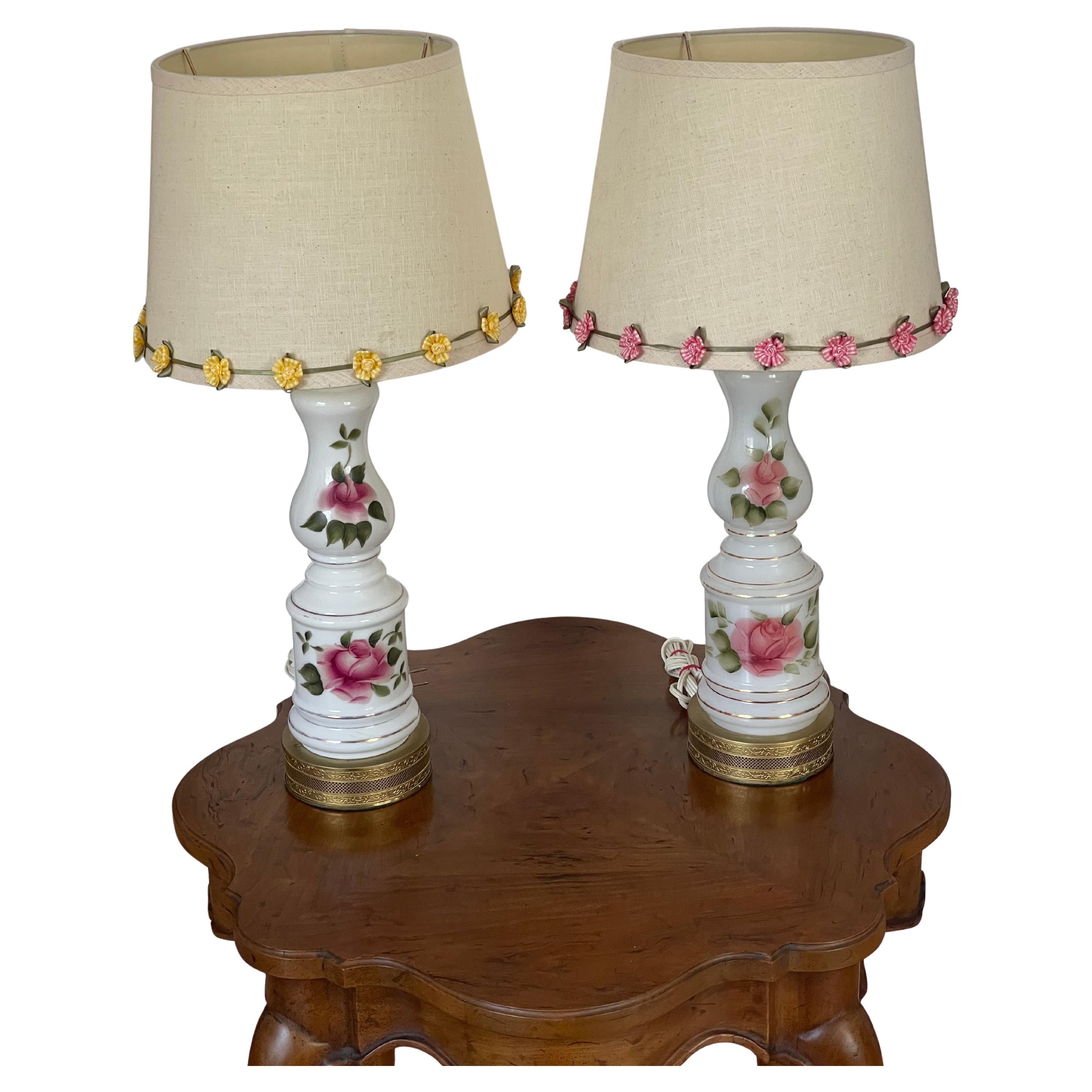 Victorian Pair of Milk Glass Lamps with Roses
