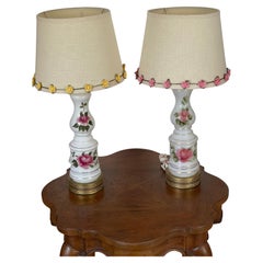 Victorian Pair of Milk Glass Lamps with Roses