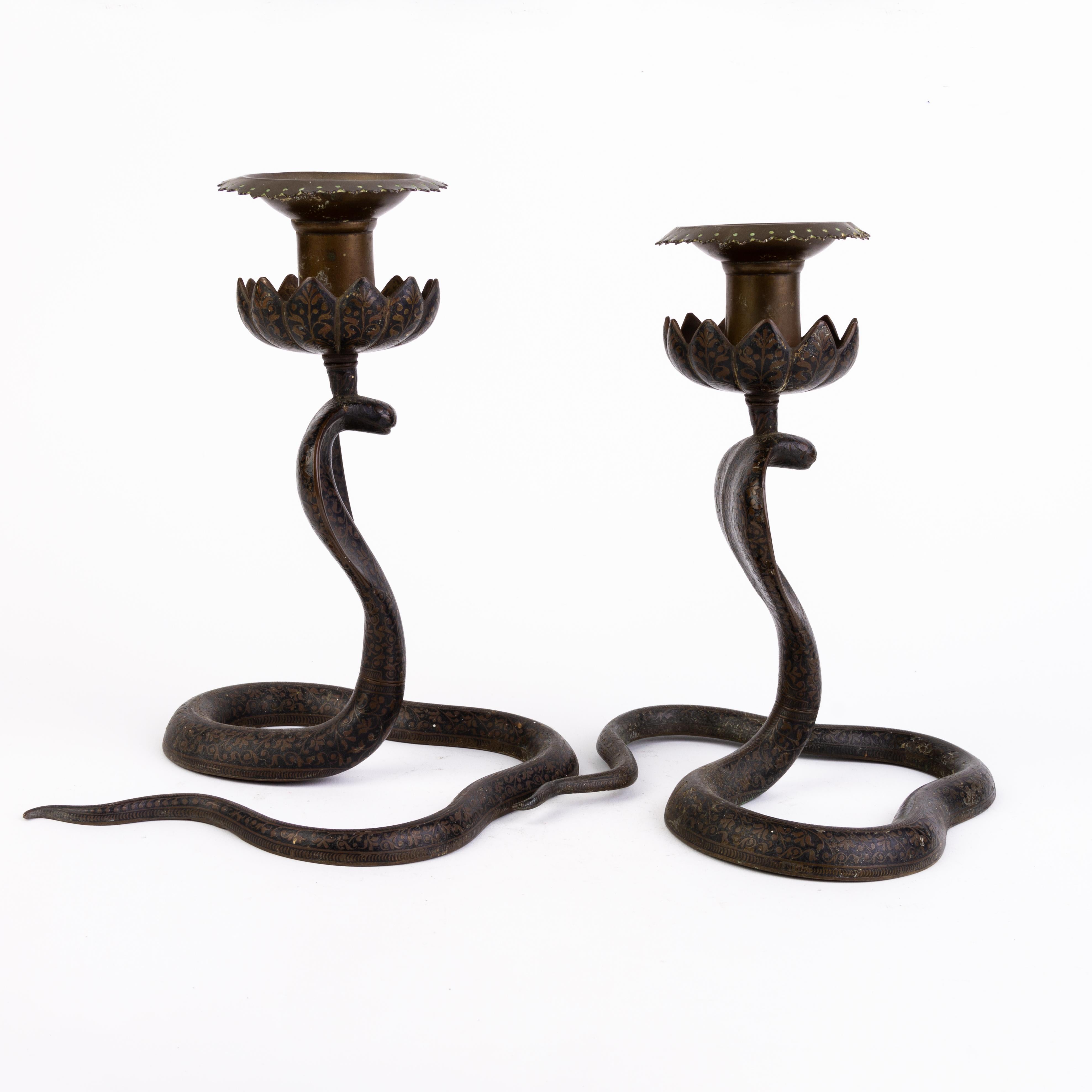 Victorian Pair of Orientalist Enameled Brass Cobra Snake Candelabras Sculpture 
Good condition overall
From a private collection.
Free international shipping.