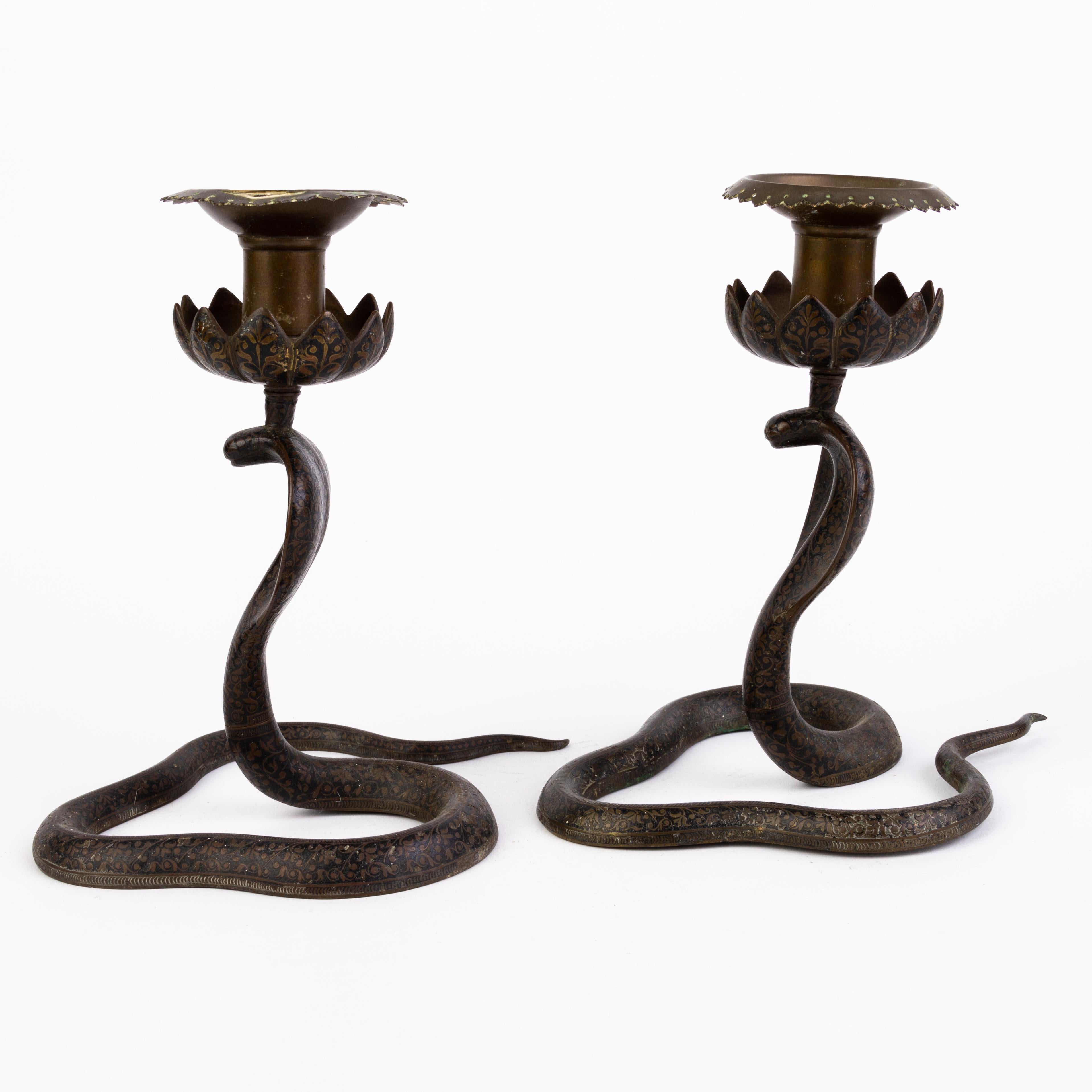 19th Century Victorian Pair of Orientalist Enameled Brass Cobra Snake Candelabras Sculpture  For Sale