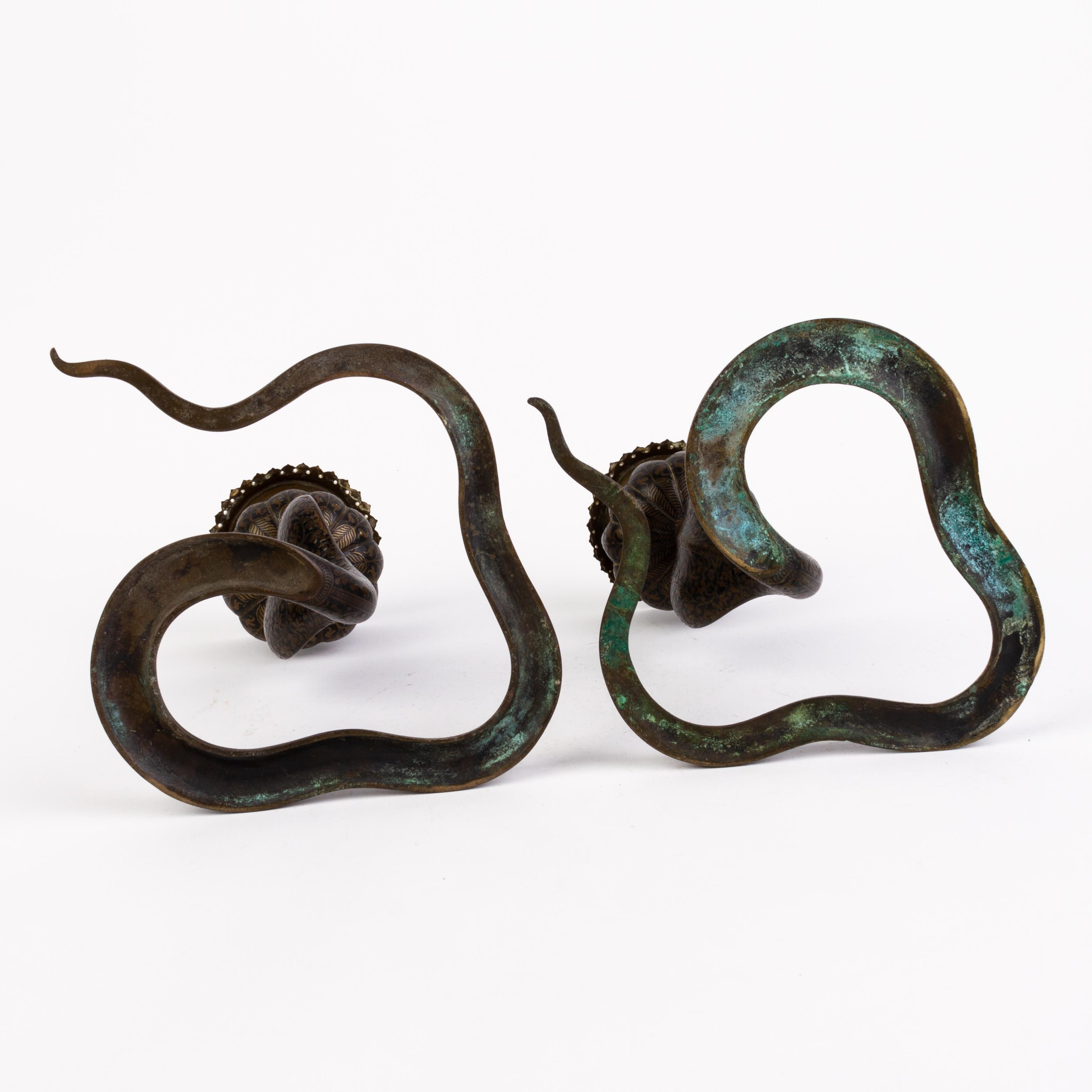 Victorian Pair of Orientalist Enameled Brass Cobra Snake Candelabras Sculpture  For Sale 2