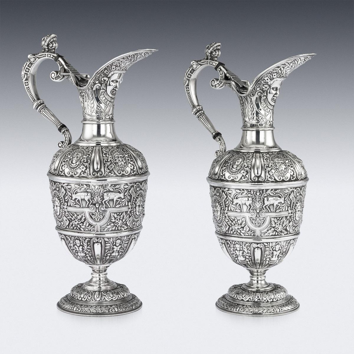 English Victorian Pair of Solid Silver Cellini Ewer Jugs, Sheffield, circa 1890