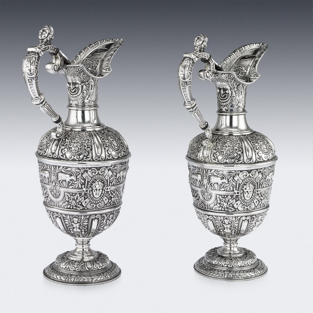 Victorian Pair of Solid Silver Cellini Ewer Jugs, Sheffield, circa 1890 In Good Condition In Royal Tunbridge Wells, Kent