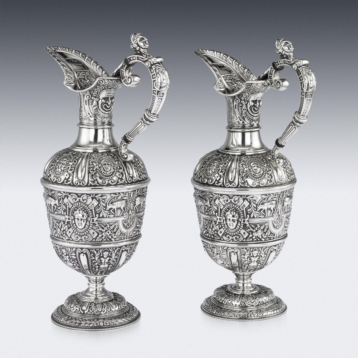 Sterling Silver Victorian Pair of Solid Silver Cellini Ewer Jugs, Sheffield, circa 1890