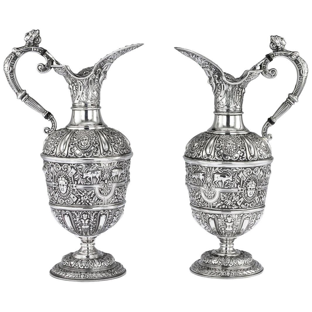 Victorian Pair of Solid Silver Cellini Ewer Jugs, Sheffield, circa 1890