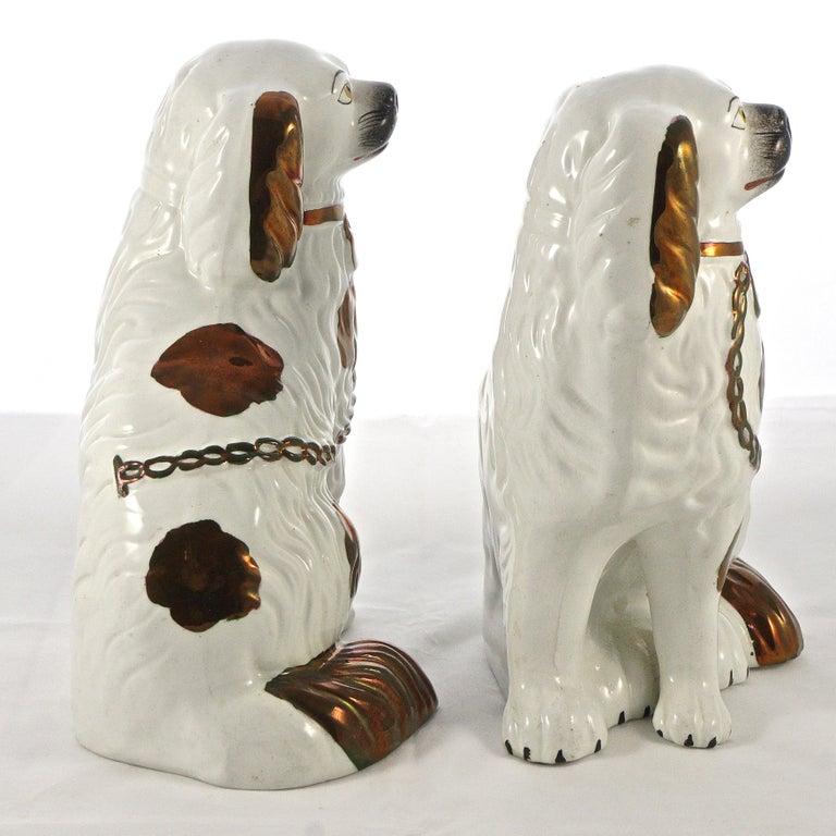 Victorian Pair of Staffordshire Pottery Copper Lustre Split Leg Dog Figurines For Sale 2