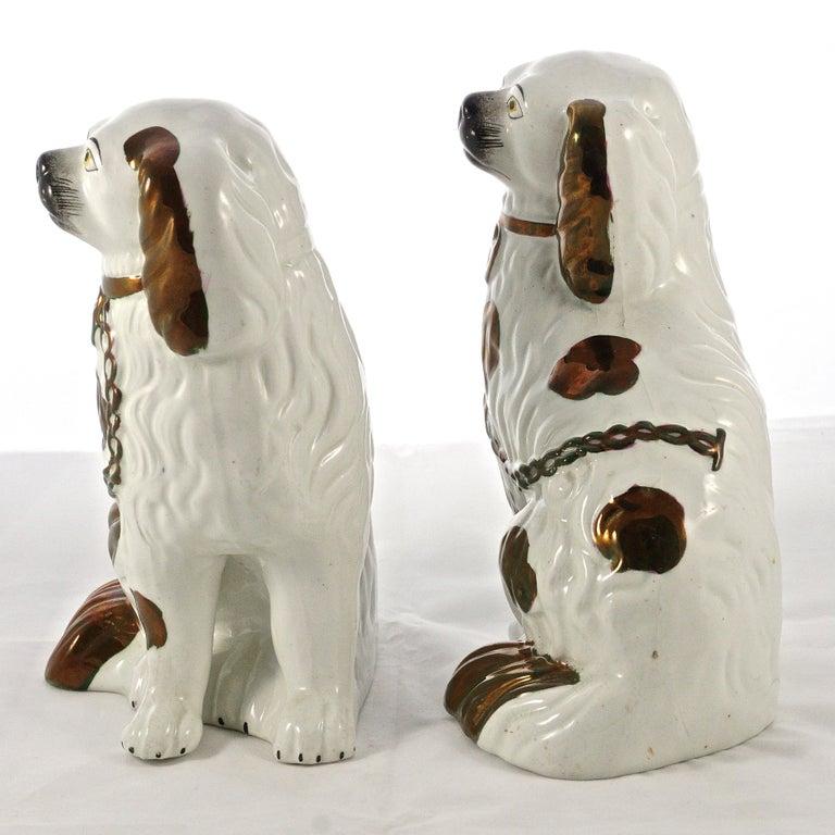 Victorian Pair of Staffordshire Pottery Copper Lustre Split Leg Dog Figurines For Sale 3