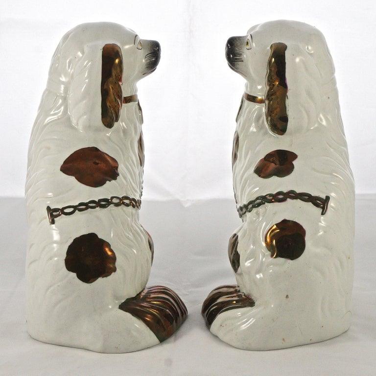 Victorian Pair of Staffordshire Pottery Copper Lustre Split Leg Dog Figurines For Sale 1