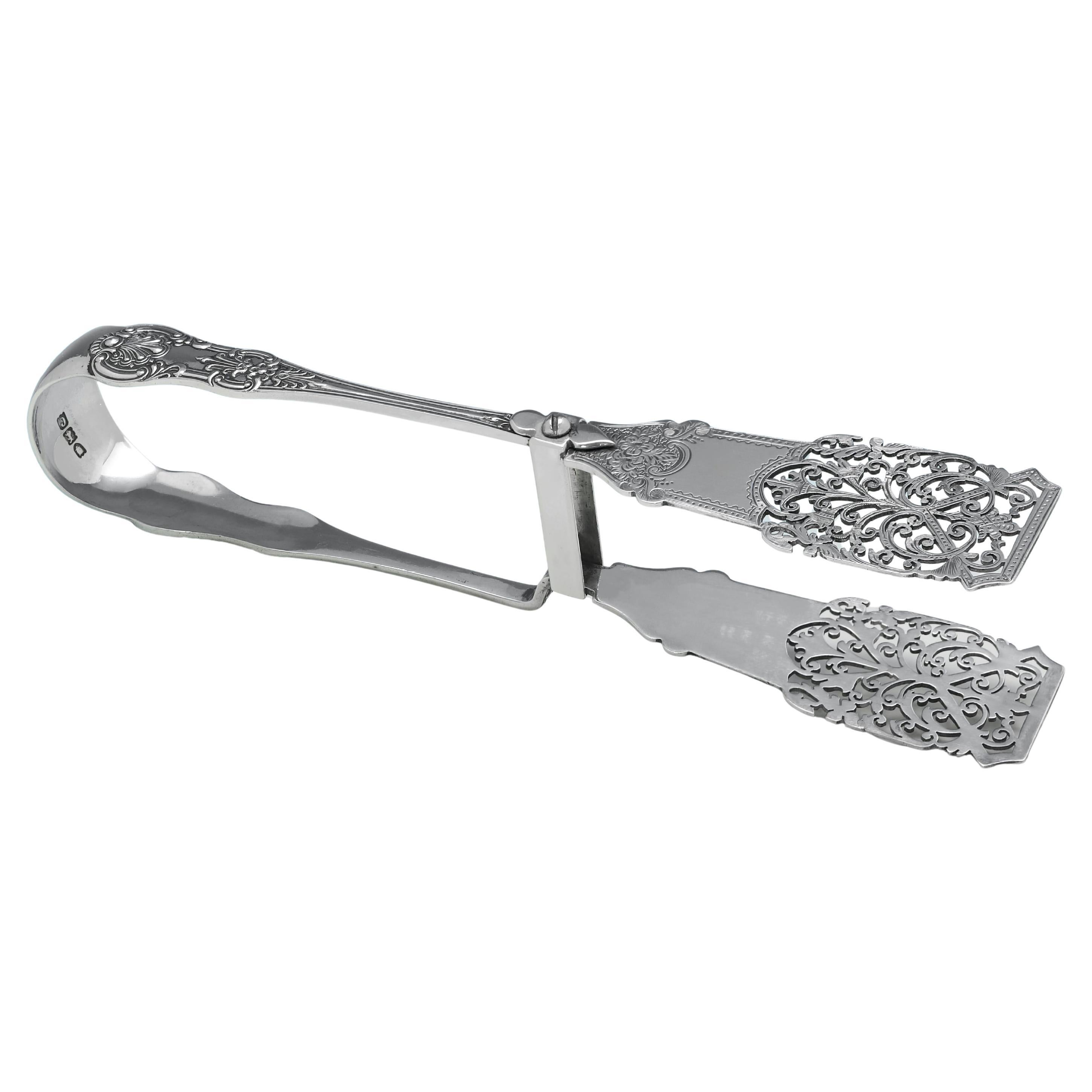 Victorian pair of sterling silver asparagus serving tongs in Kings pattern 1898