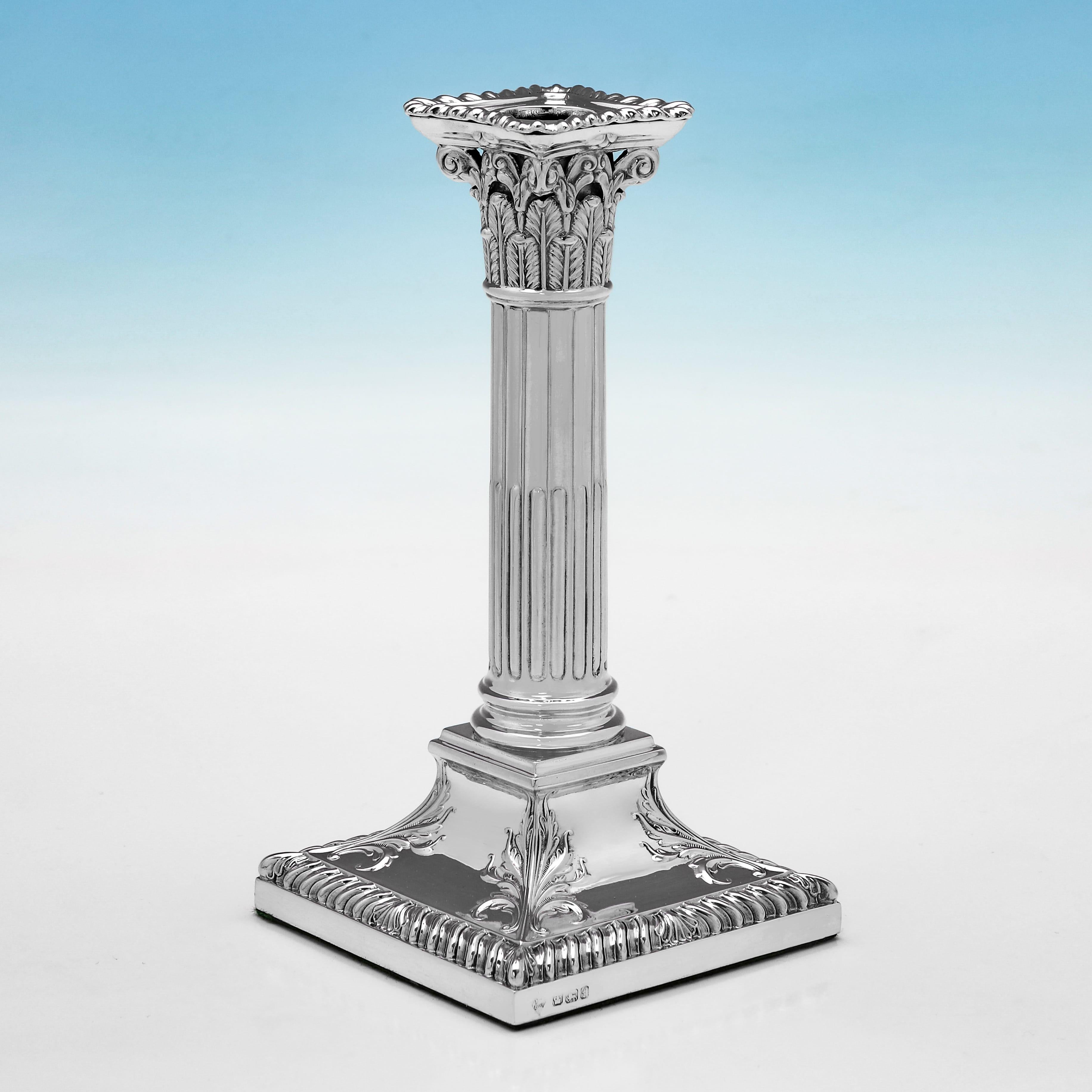 Hallmarked in Sheffield in 1898 by Mappin & Webb, this attractive pair of Antique, Victorian, Sterling Silver Candlesticks, are in the corinthian column style, with shaped acanthus detailed bases. Each candlestick measures 7.5