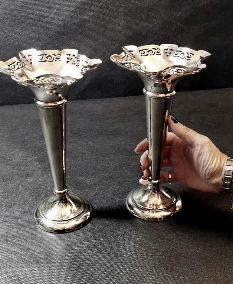 Victorian Pair of Trumpet Vases in Silver Plated Epns, England 1