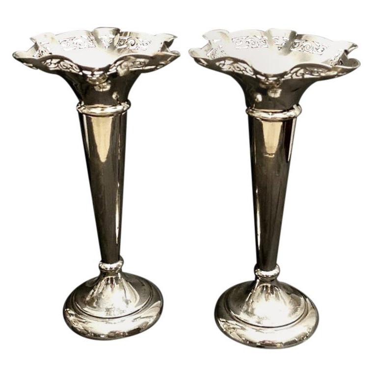 Victorian Pair of Trumpet Vases in Silver Plated Epns, England