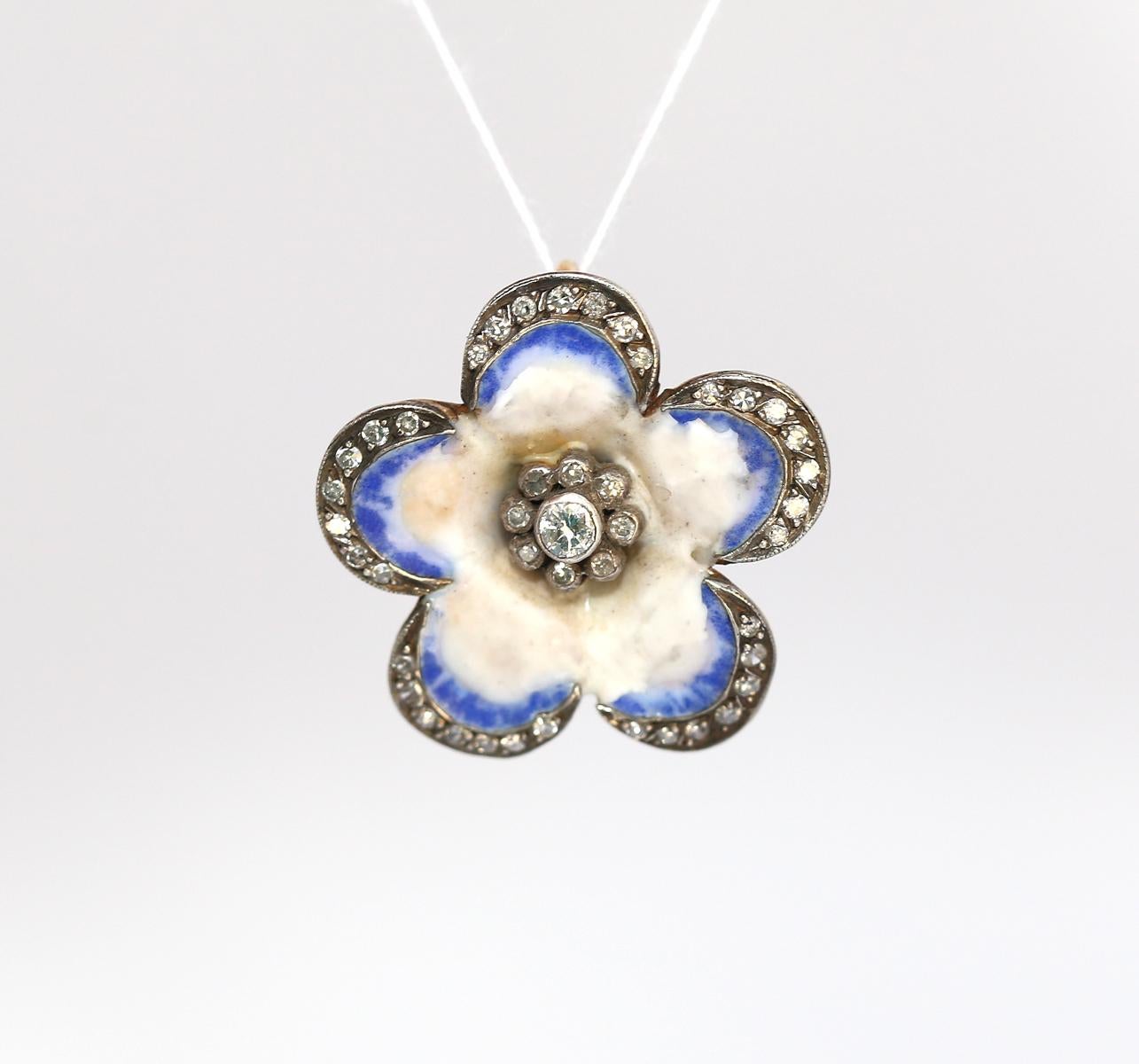 Victorian Pansy Blue Enamel Diamonds Flower Pendant, 1890 For Sale 5