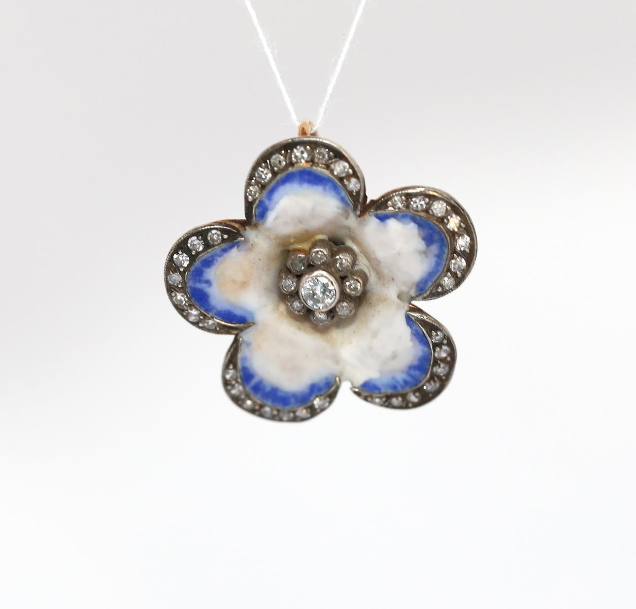 Victorian Pansy Blue Enamel Diamonds Flower Pendant, 1890 For Sale 7