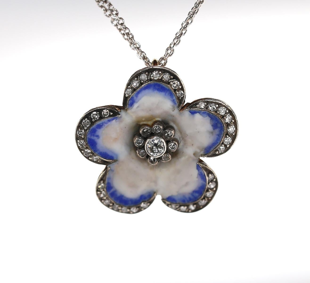 Victorian Pansy Blue Enamel Diamonds Flower Pendant, 1890 For Sale 10