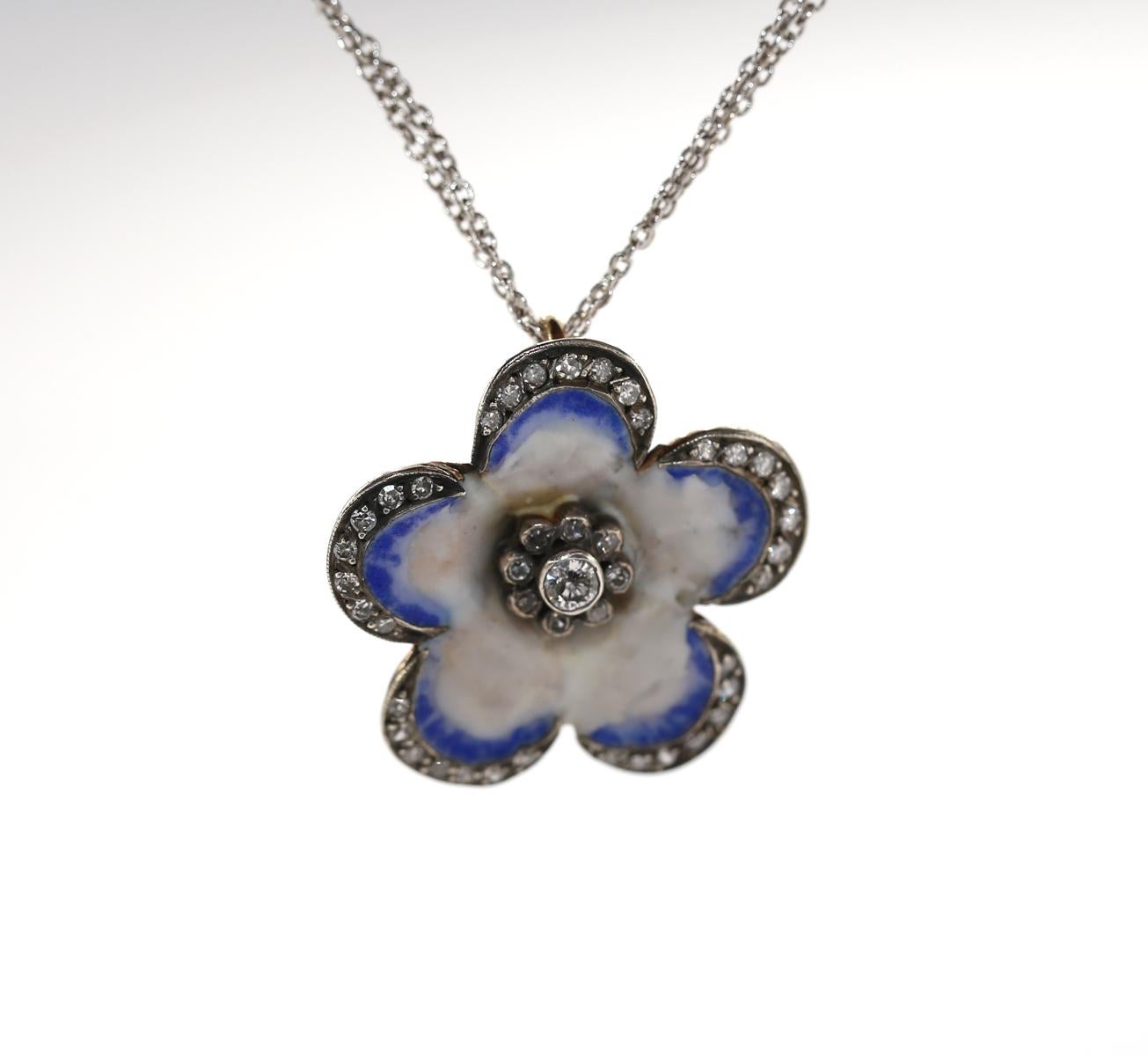 Victorian Pansy Flower Blue Enamel with old-cut Diamonds Choker Pendant. Tender and elegant flower with old-cut Diamonds all around and in the centre. Superb level of jeweller craftsmanship depicting a pansy with a gradient of Enamel colours from