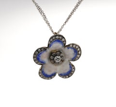 Victorian Pansy Blue Enamel Diamonds Flower Pendant, 1890