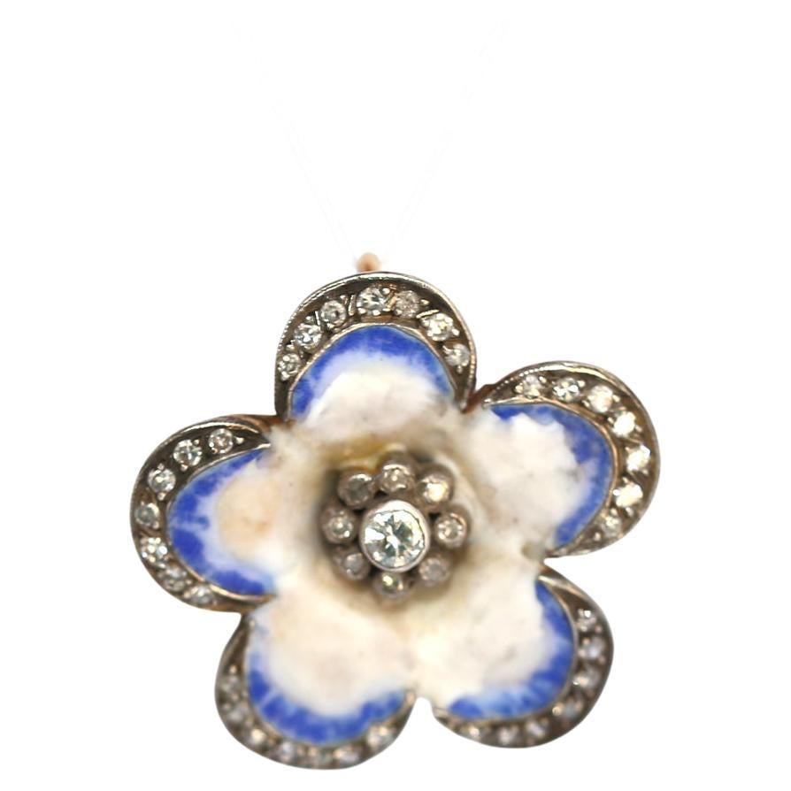 Women's Victorian Pansy Blue Enamel Diamonds Flower Pendant, 1890 For Sale