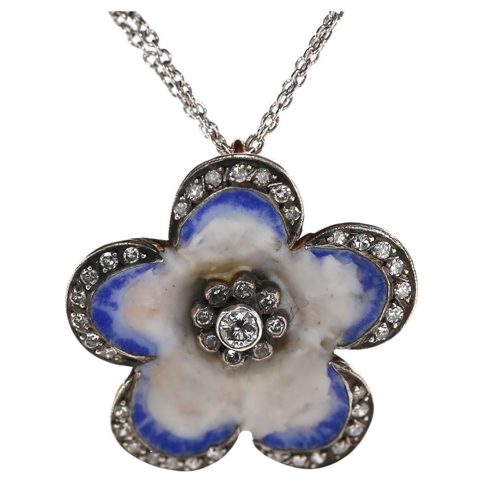 Victorian Pansy Blue Enamel Diamonds Flower Pendant, 1890 For Sale