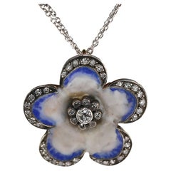 Victorian Pansy Blue Enamel Diamonds Flower Pendant, 1890