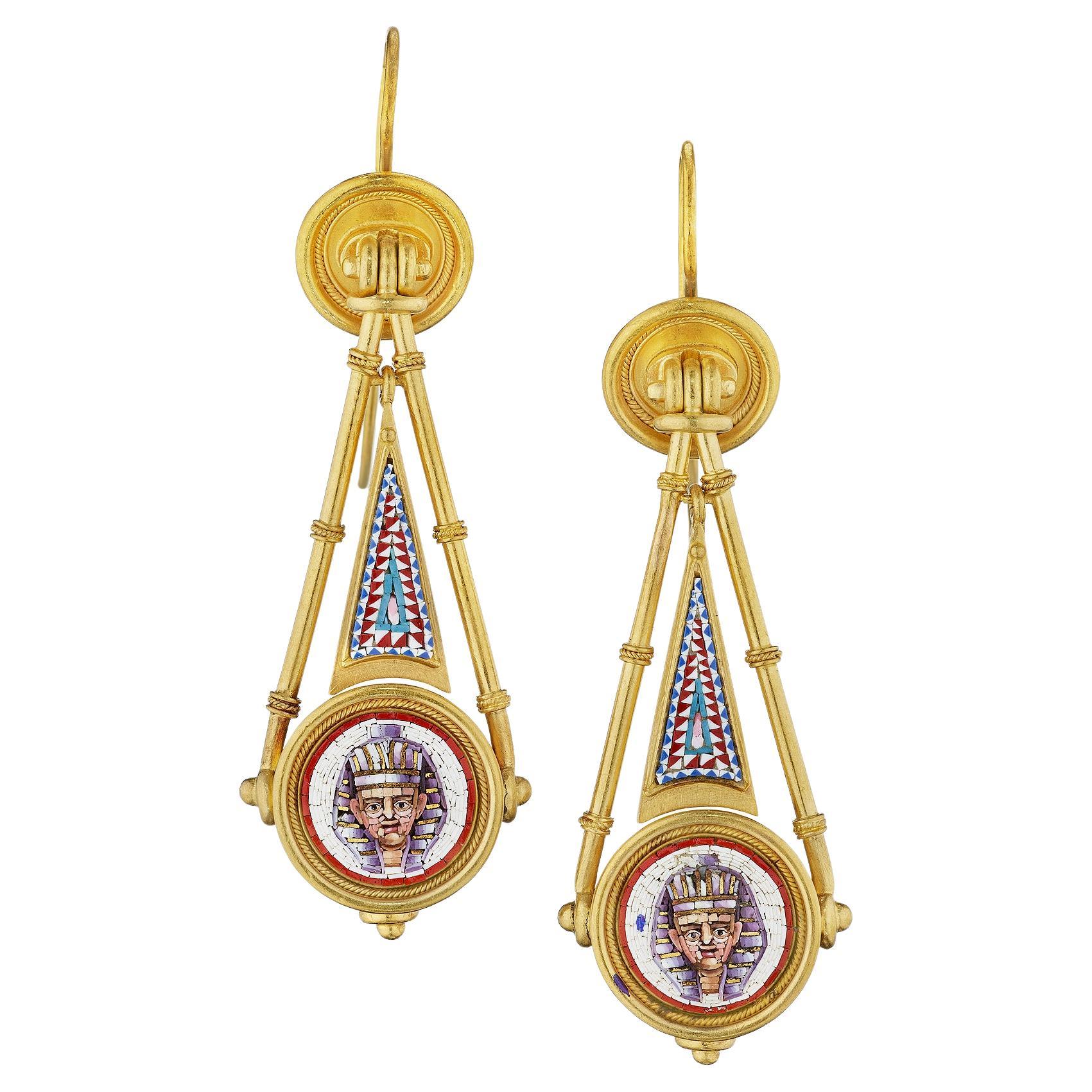 Victorian Papal Egyptian Revival Micro Mosaic Gold Drop Earrings For Sale