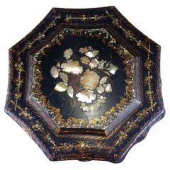 Victorian Paper Mache Black Laquer Sewing Stand Mother of Pearl and Stenciling