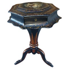 Victorian Paper Mache Black Laquer Sewing Stand Mother of Pearl and Stenciling