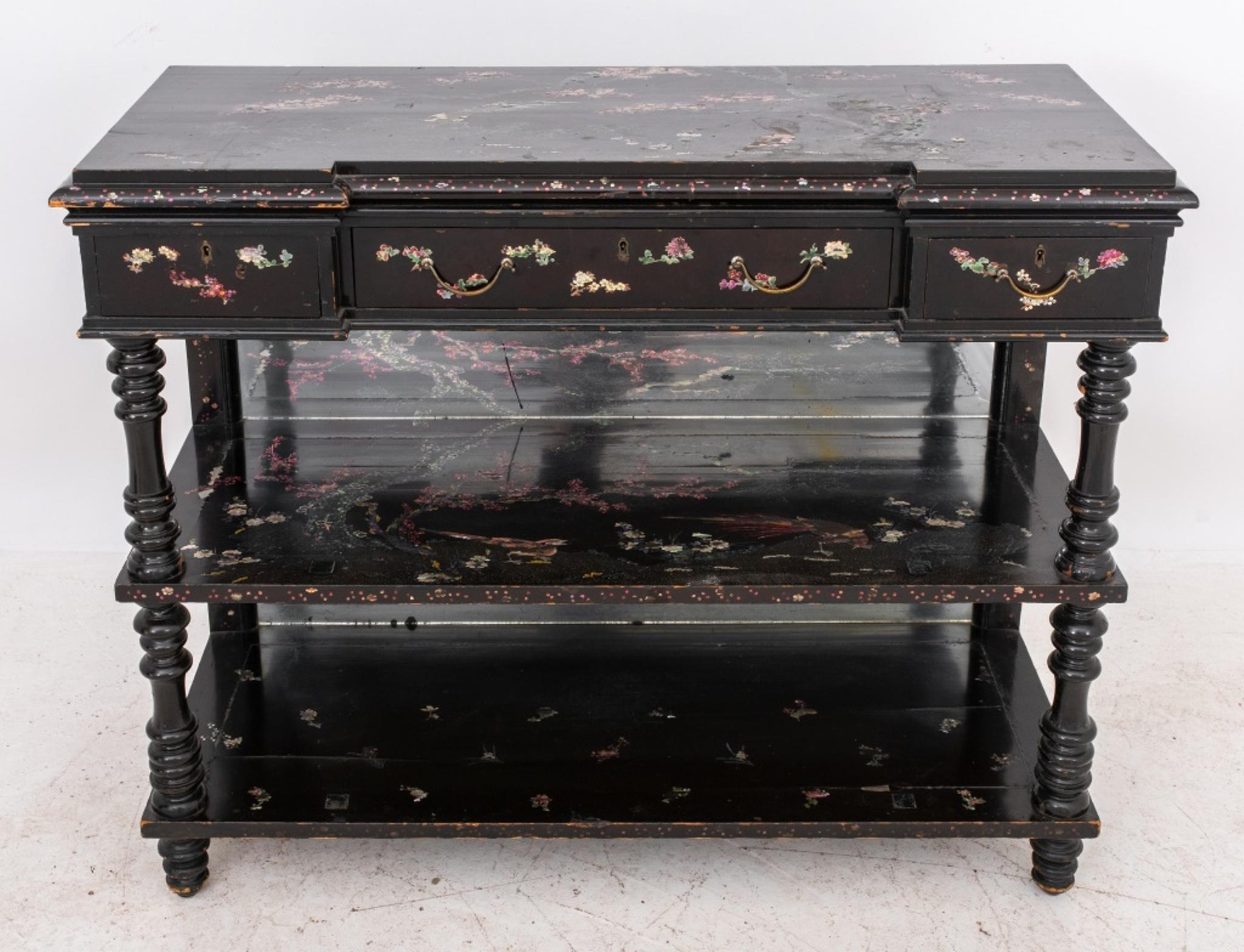 Victorian papier Mache and Japanese lacquer and wood buffet, in the aesthetic taste, the rectangular top above three drawers and decorated with landscape scenes in hijiki and shin-nuri lacquer with abalone inlay supported by turned balusters above a