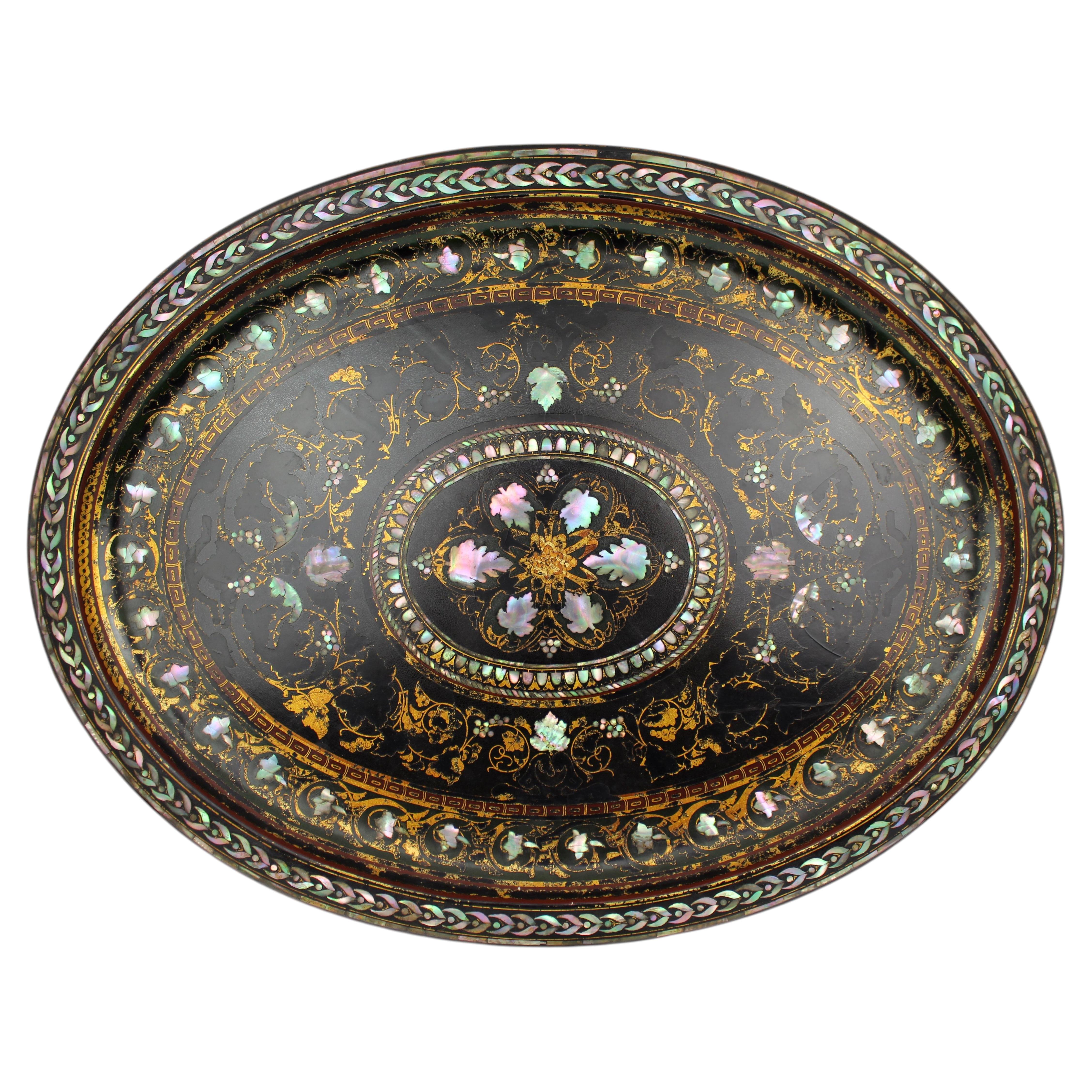 Victorian Papier-Mâché and Mother-of-Pearl Inlaid Tray Benetfink & Co., London For Sale